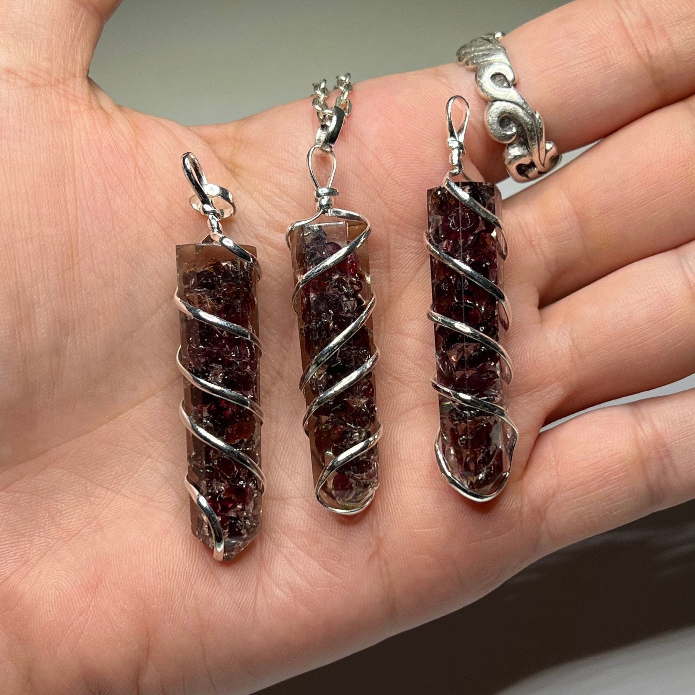 Garnet in Orgonite Wire Wrapped Pendant Necklace