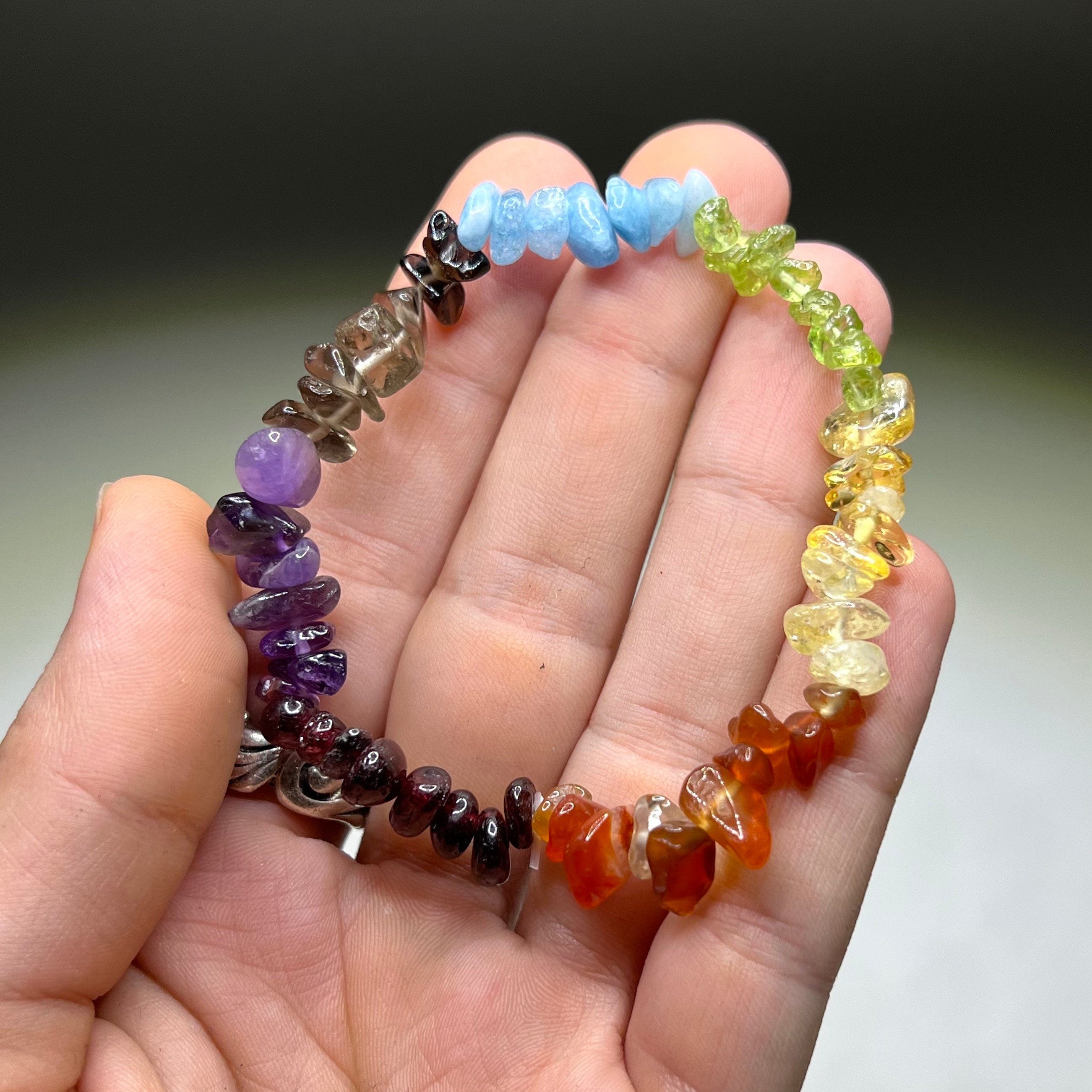 Seven Chakra Stone Chip Bracelet: Gemstone Beaded Stretch Bracelet