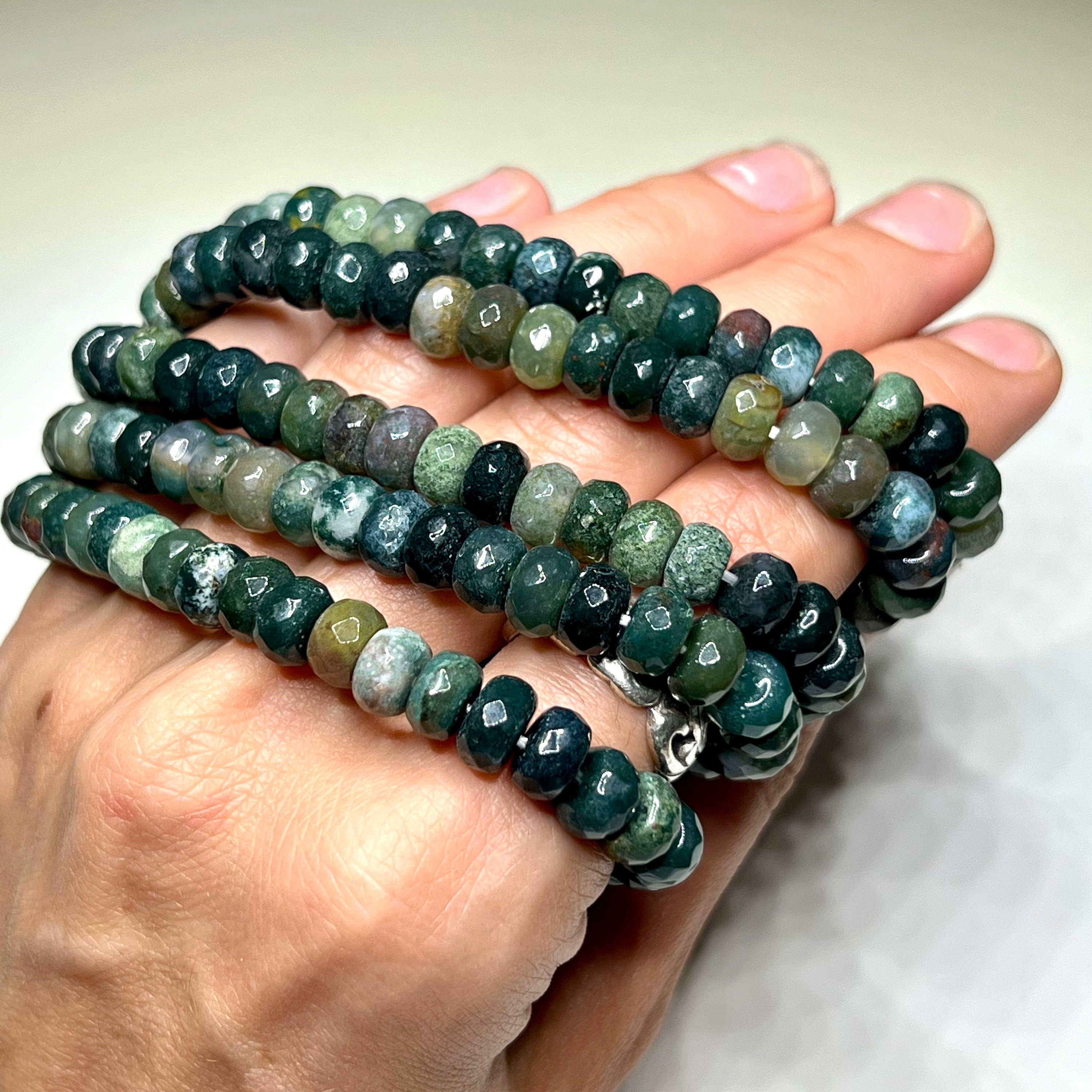 Moss Agate Crystal Bracelet: Choose 4mm or 8mm Rondelle Gemstone Beads