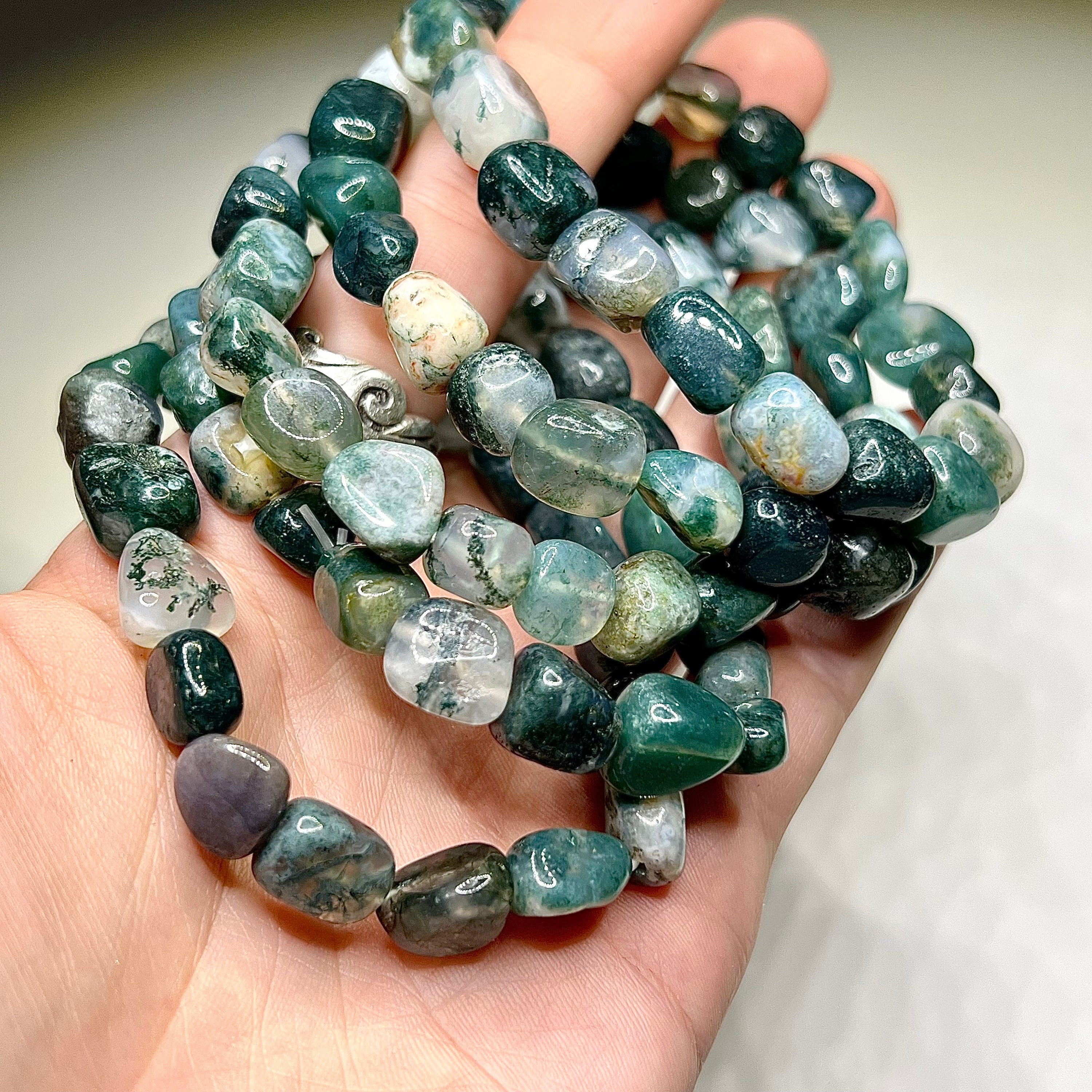 Moss Agate Crystal Bracelet: Tumbled Gemstone Beaded Bracelet