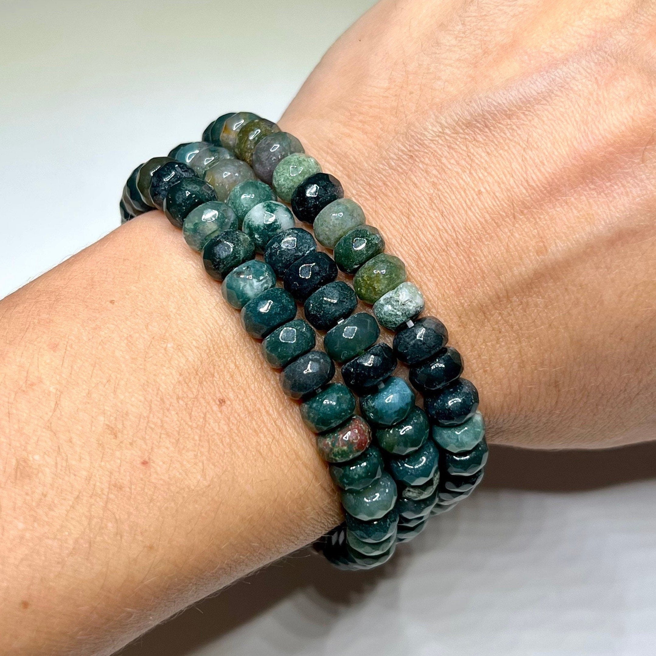 Moss Agate Crystal Bracelet: Choose 4mm or 8mm Rondelle Gemstone Beads