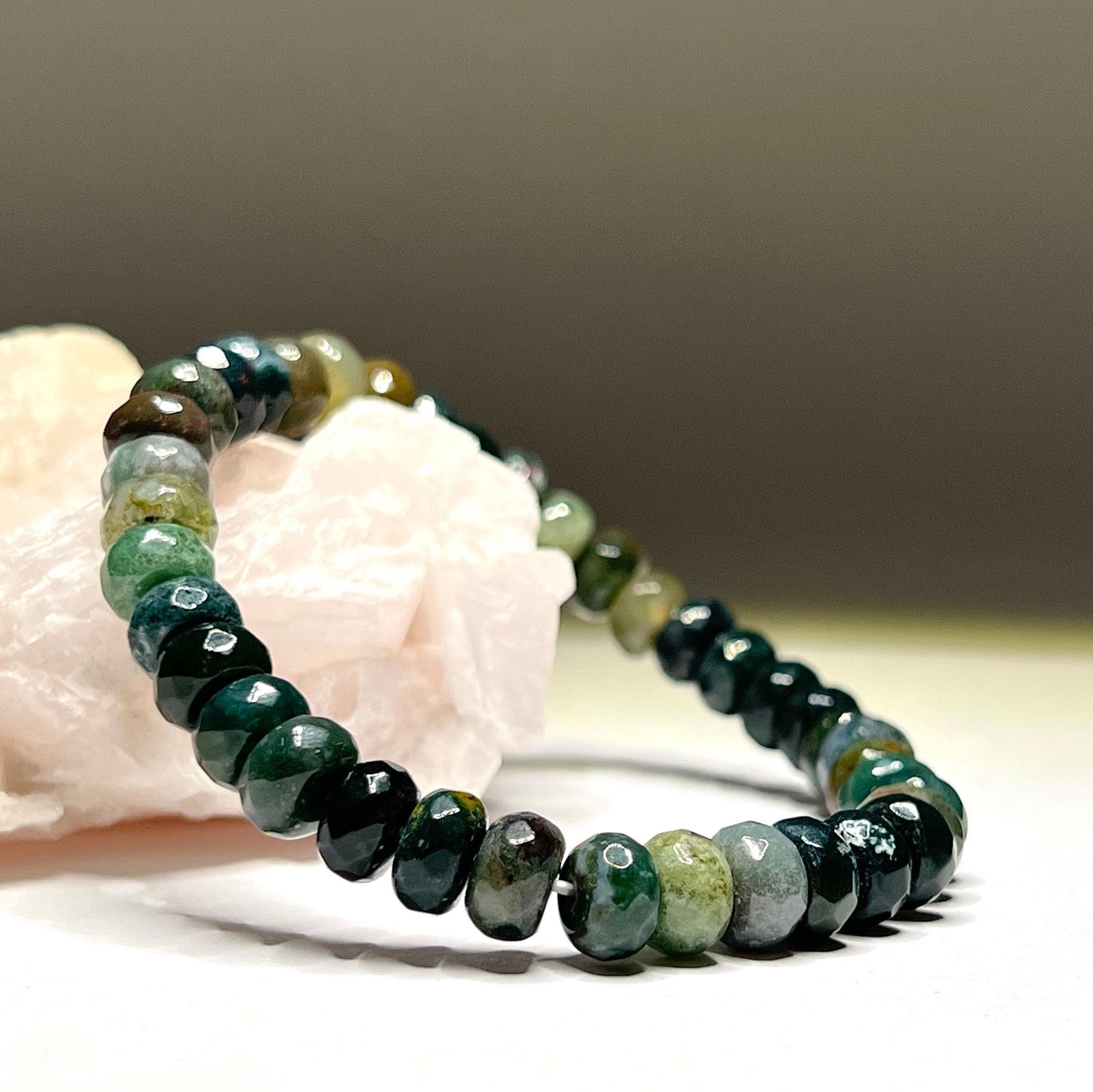 Moss Agate Crystal Bracelet: Choose 4mm or 8mm Rondelle Gemstone Beads