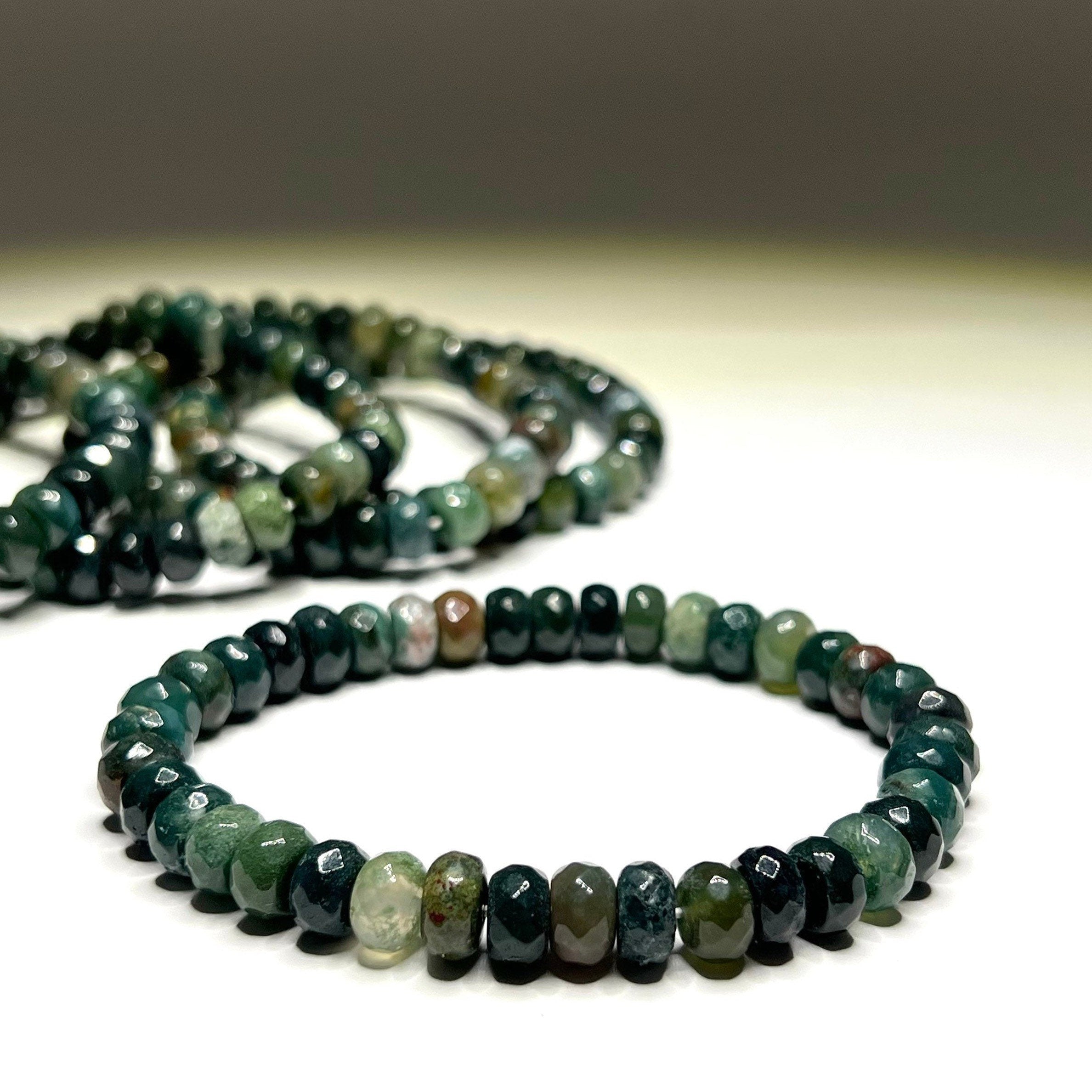 Moss Agate Crystal Bracelet: Choose 4mm or 8mm Rondelle Gemstone Beads