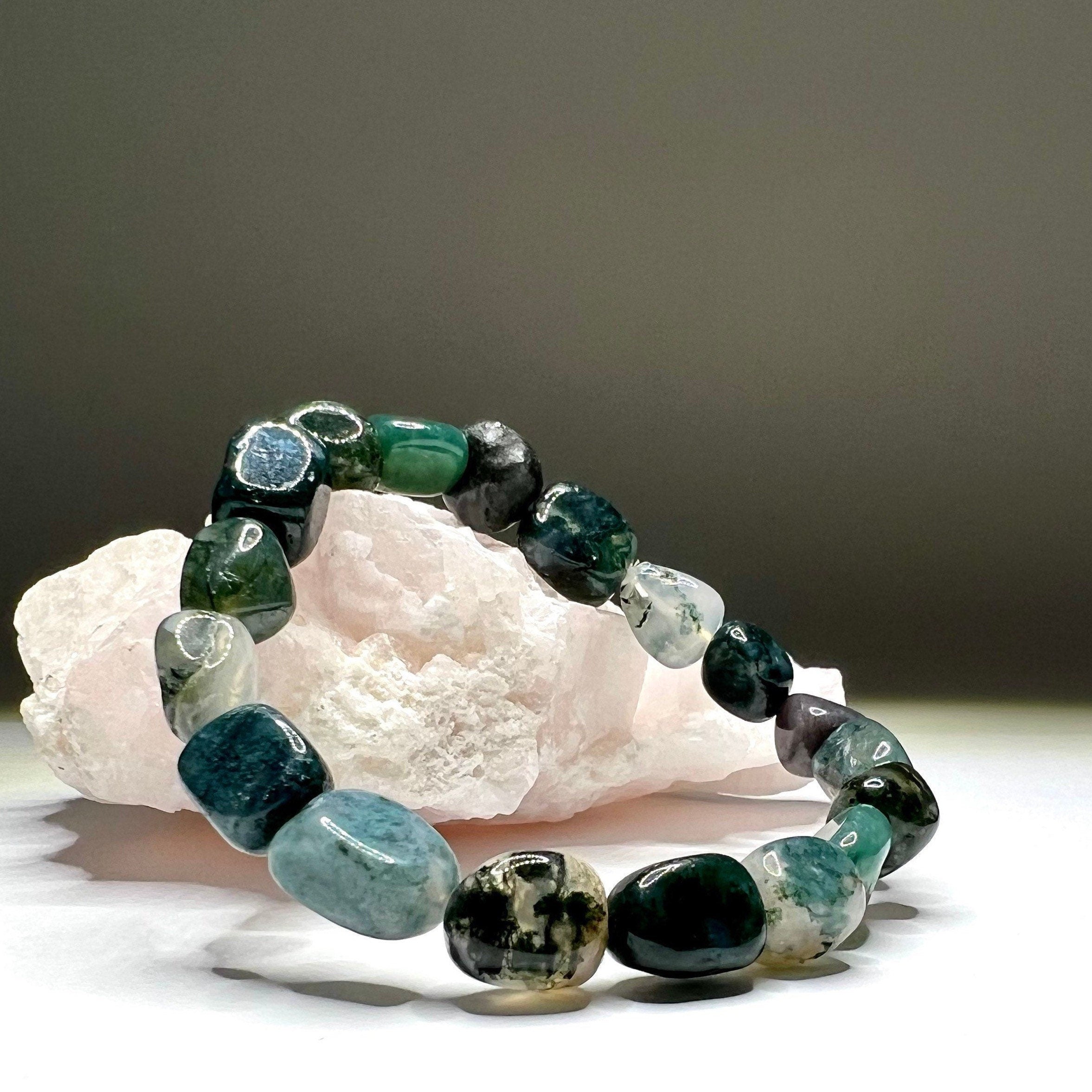 Moss Agate Crystal Bracelet: Tumbled Gemstone Beaded Bracelet
