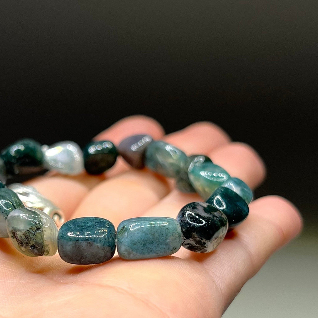 Moss Agate Crystal Bracelet: Tumbled Gemstone Beaded Bracelet