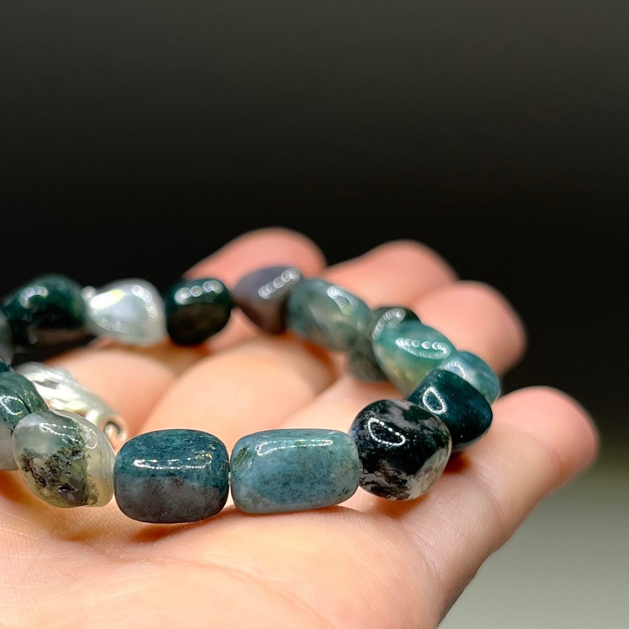 Moss Agate Crystal Bracelet: Tumbled Gemstone Beaded Bracelet