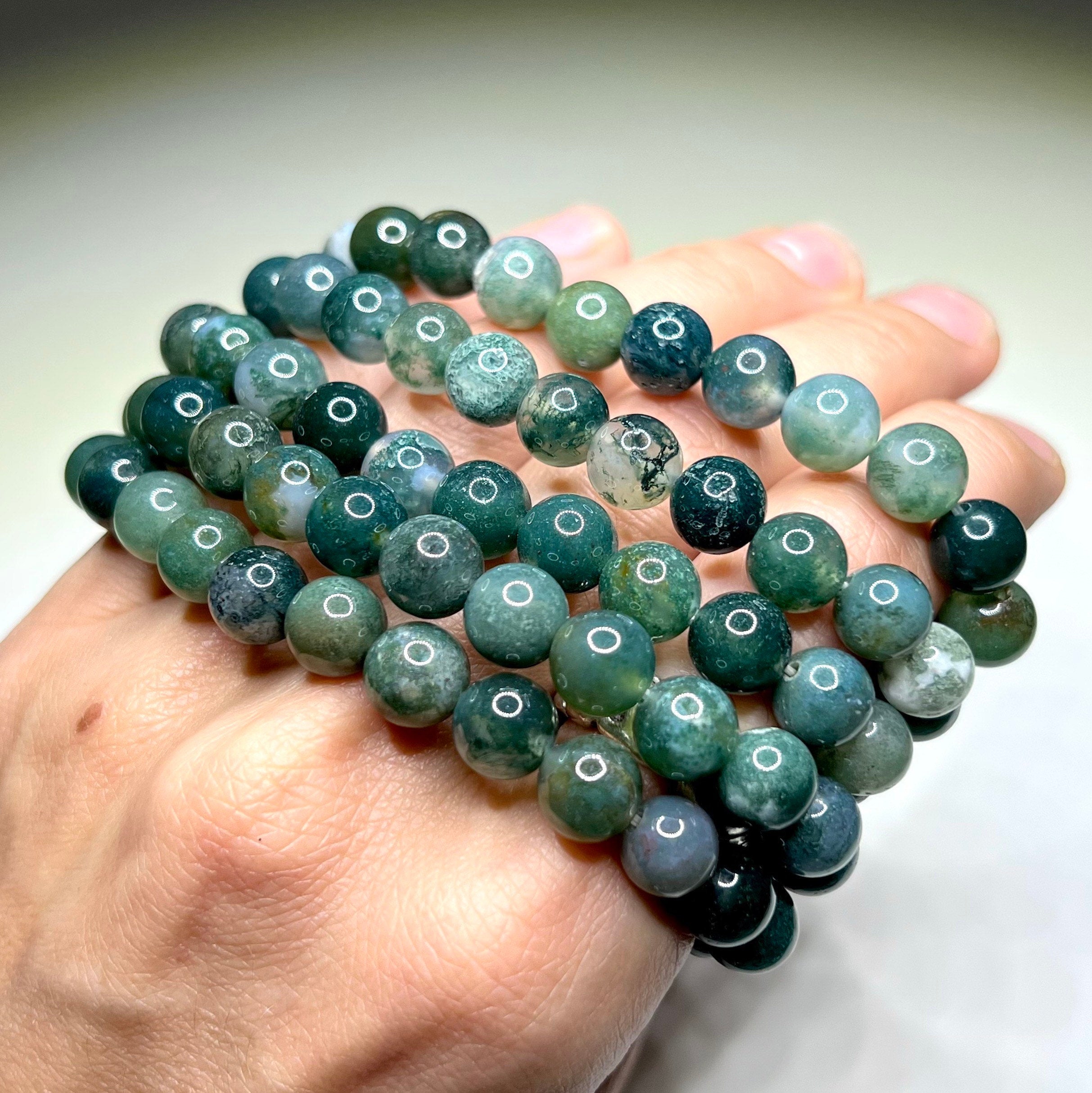 Moss Agate Crystal Bracelet: Gemstone Beaded Stretch Bracelet