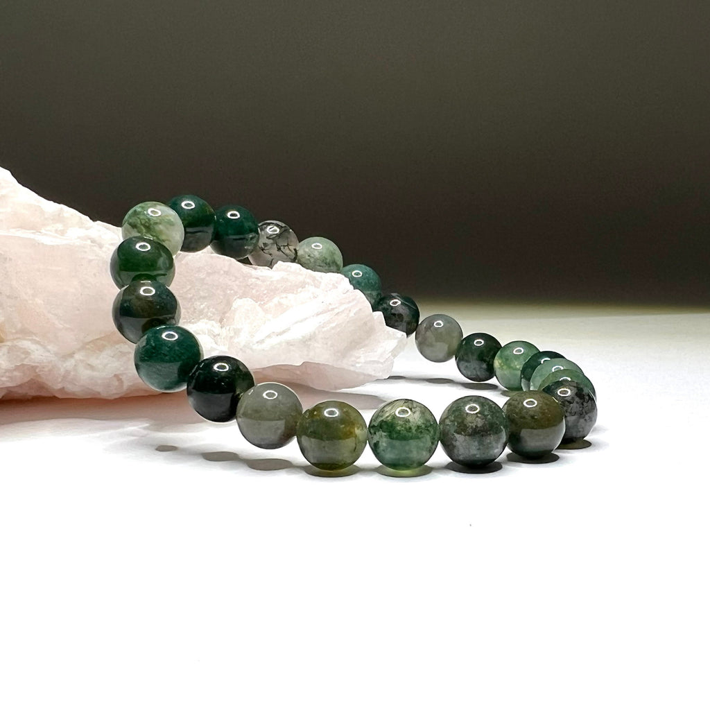 Moss Agate Crystal Bracelet: Gemstone Beaded Stretch Bracelet