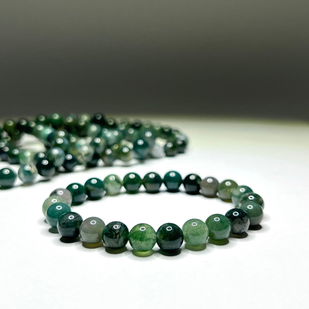 Moss Agate Crystal Bracelet: Gemstone Beaded Stretch Bracelet