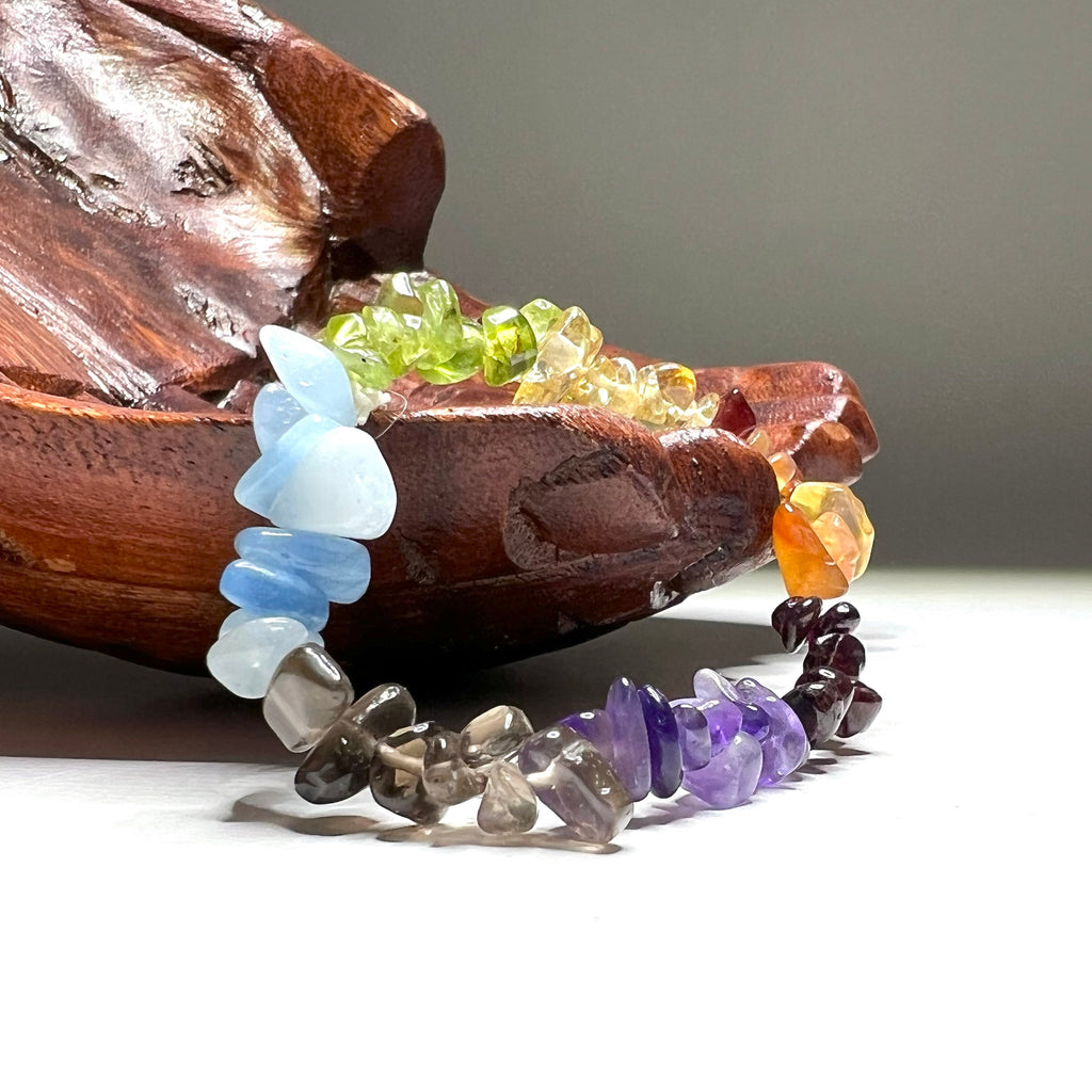Seven Chakra Stone Chip Bracelet: Gemstone Beaded Stretch Bracelet