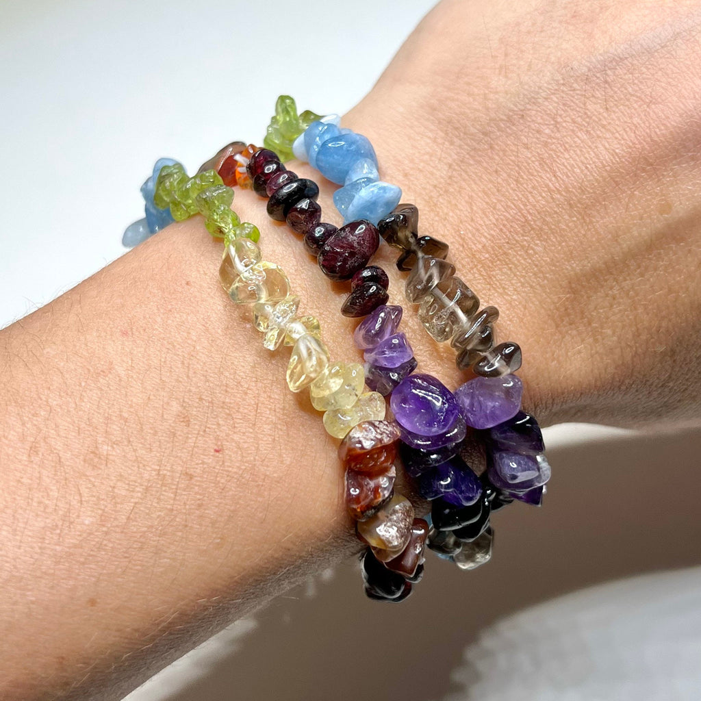 Seven Chakra Stone Chip Bracelet: Gemstone Beaded Stretch Bracelet