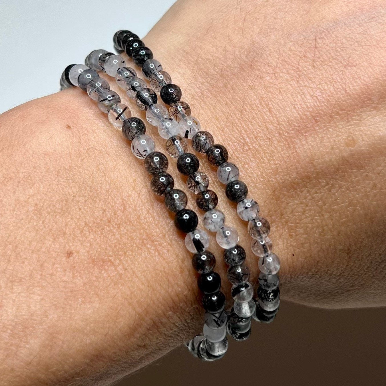 Tourmalinated Quartz Crystal Bracelet, Handmade Gemstone Beaded Bracelet - #2