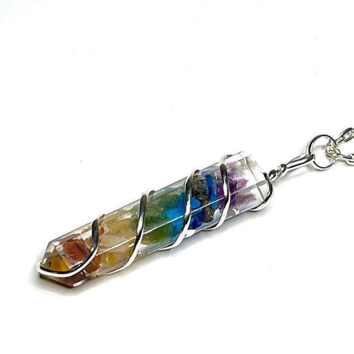 7 Chakra Stone in Orgonite Wire Wrapped Pendant Necklace