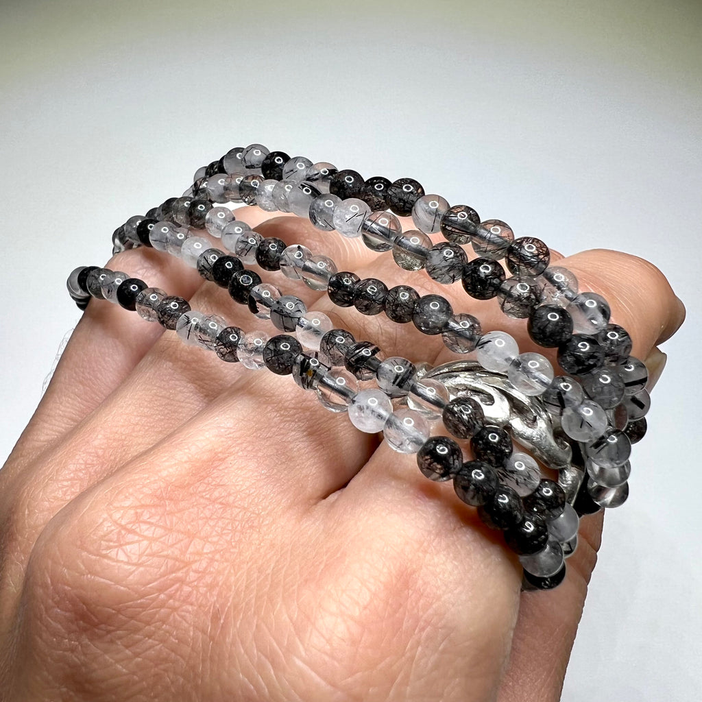 Tourmalinated Quartz Crystal Bracelet, Handmade Gemstone Beaded Bracelet