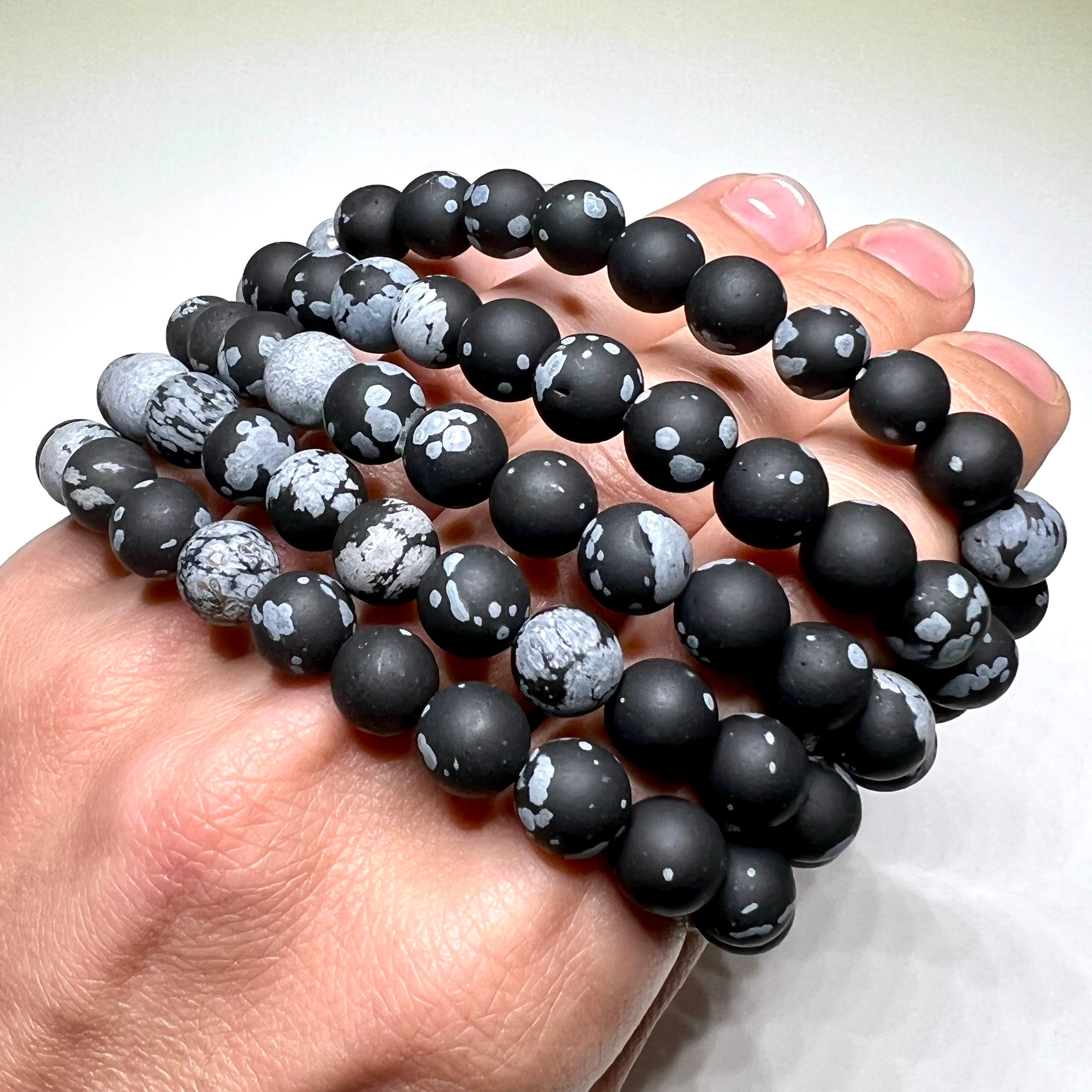 Snowflake Obsidian Crystal Bracelet: Handmade Gemstone Stretch Bracelet - 8mm Matte Beads