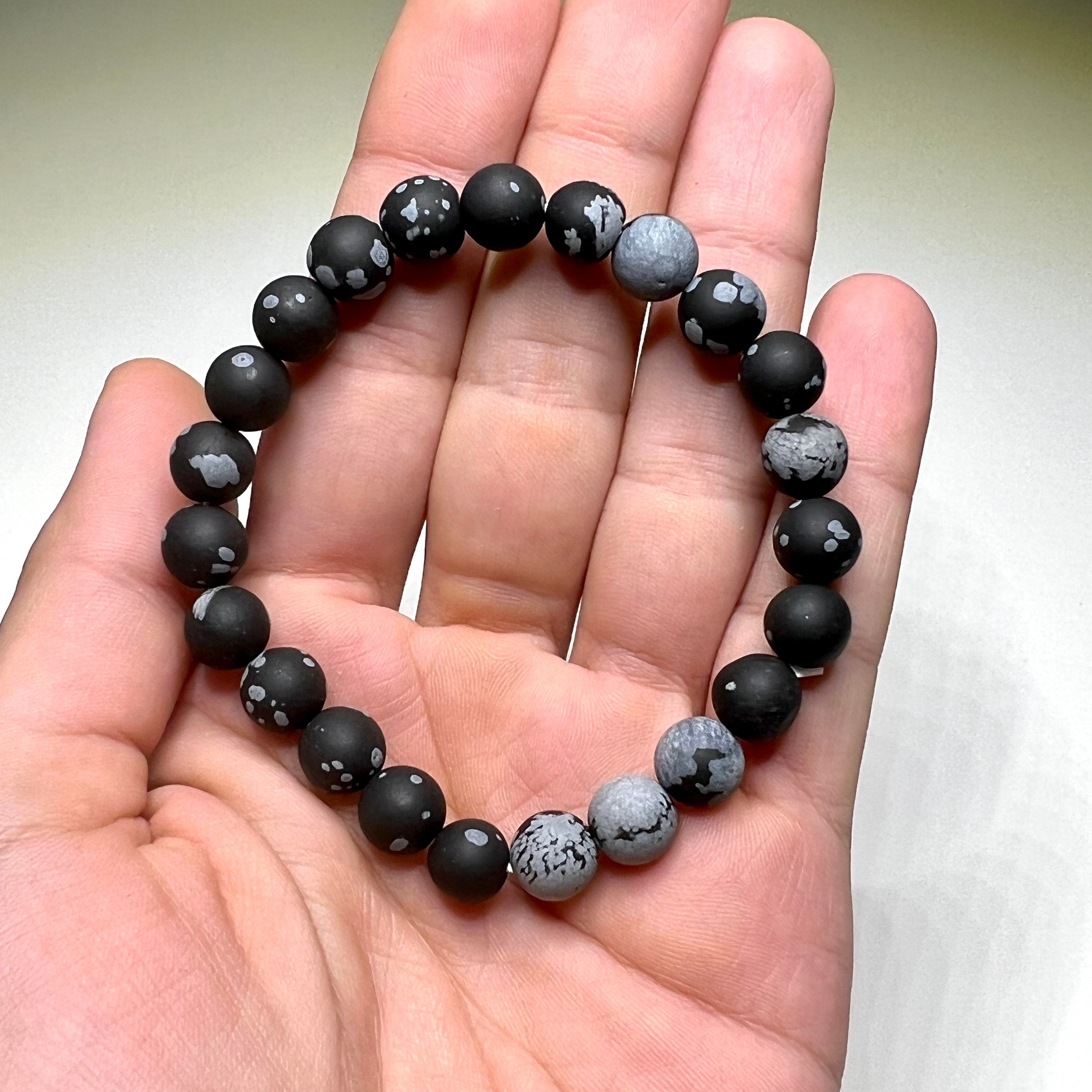 Snowflake Obsidian Crystal Bracelet: Handmade Gemstone Stretch Bracelet - 8mm Matte Beads