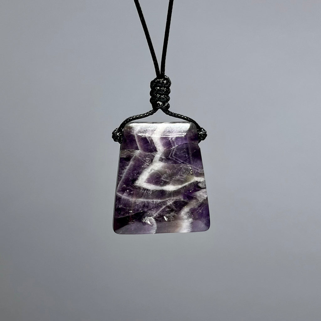 Chevron Amethyst Crystal Necklace: Banded Gemstone on Adjustable Black Cord