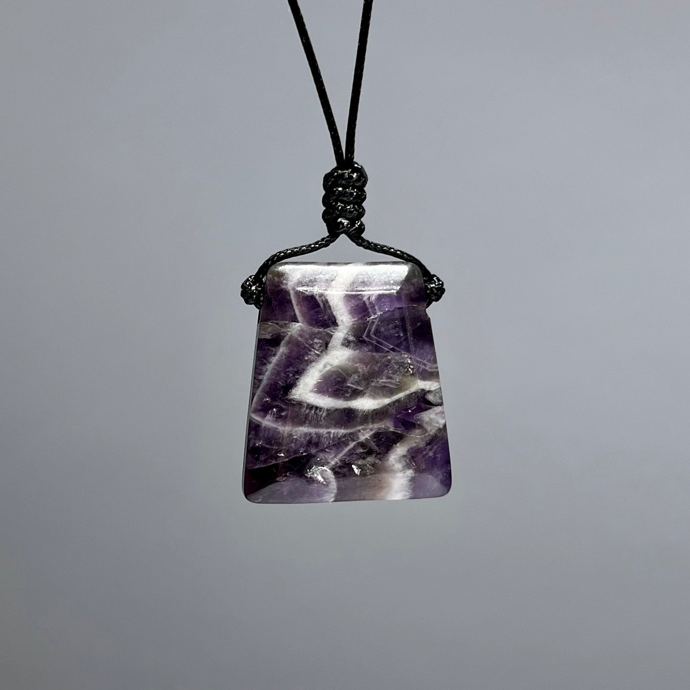 Chevron Amethyst Crystal Necklace: Banded Gemstone on Adjustable Black Cord