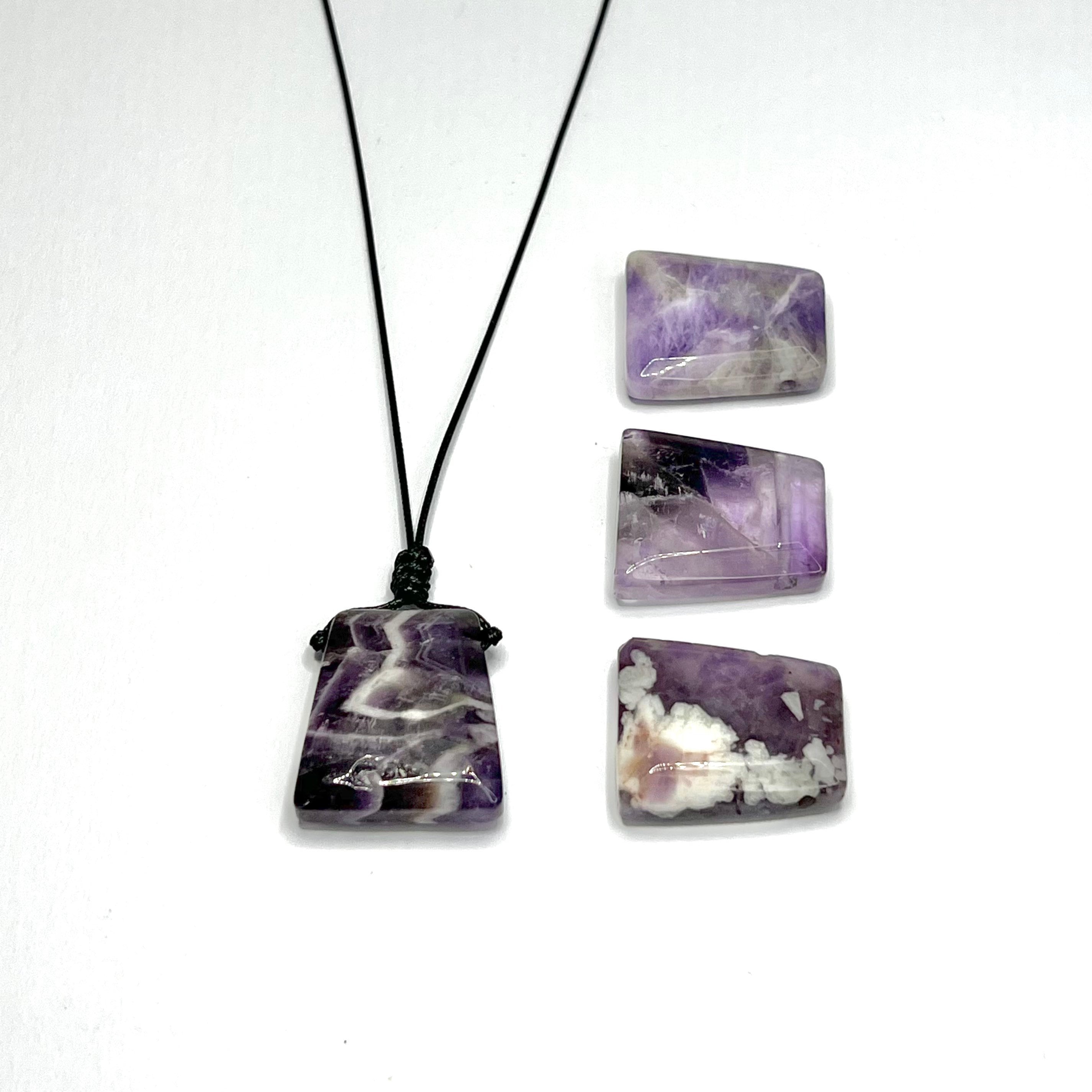 Chevron Amethyst Crystal Necklace: Banded Gemstone on Adjustable Black Cord