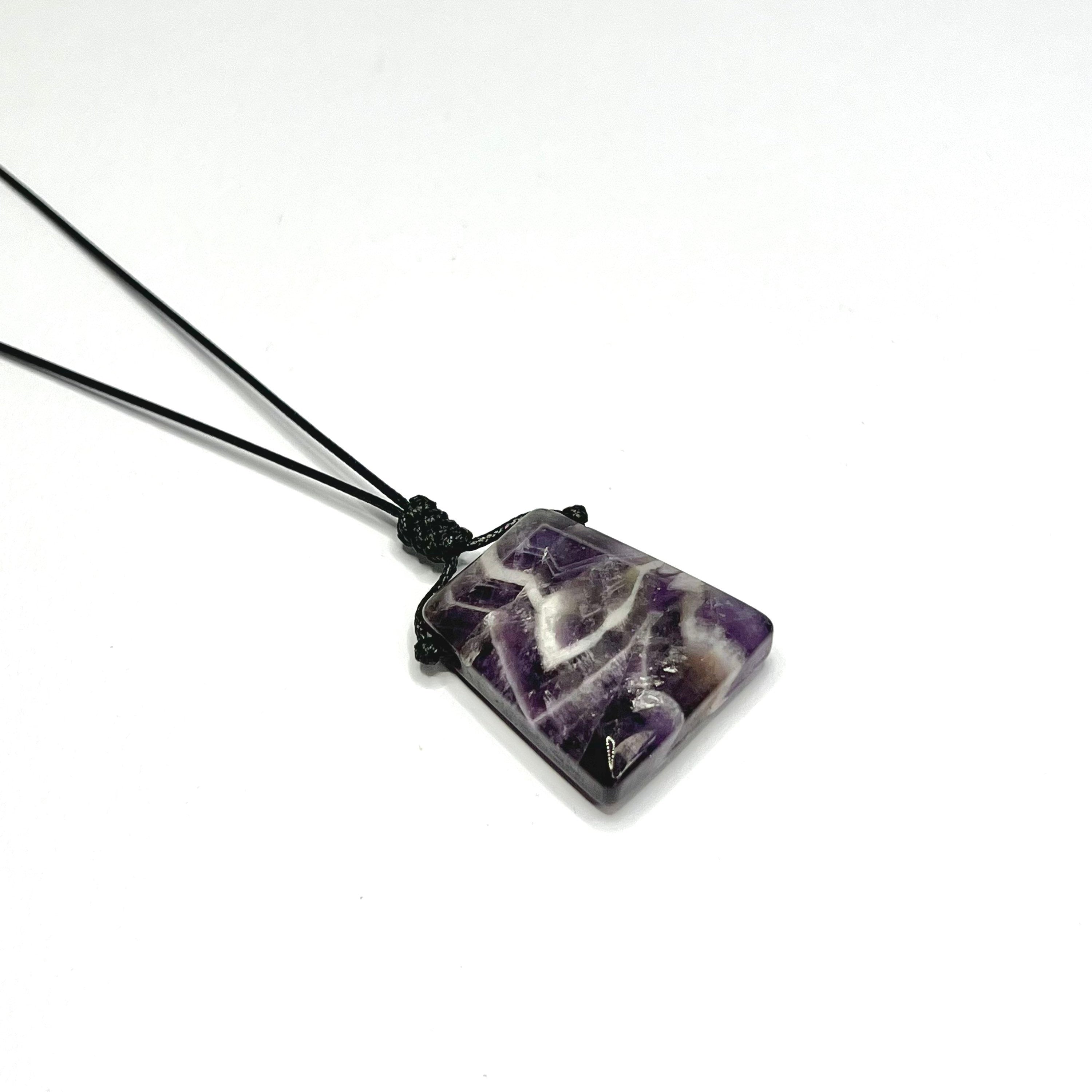 Chevron Amethyst Crystal Necklace: Banded Gemstone on Adjustable Black Cord