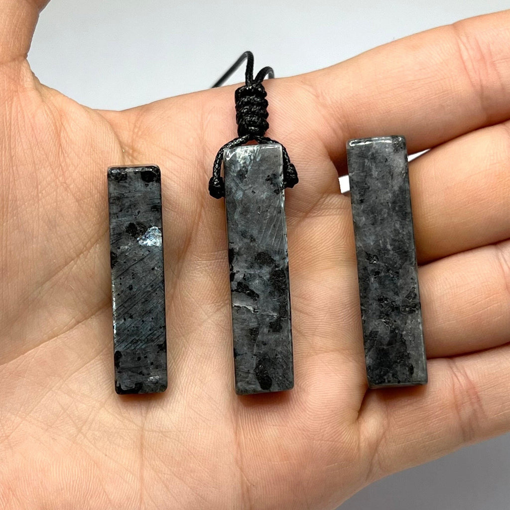 Handmade Larvikite Rectangle Pendant Necklace: Adjustable Cord