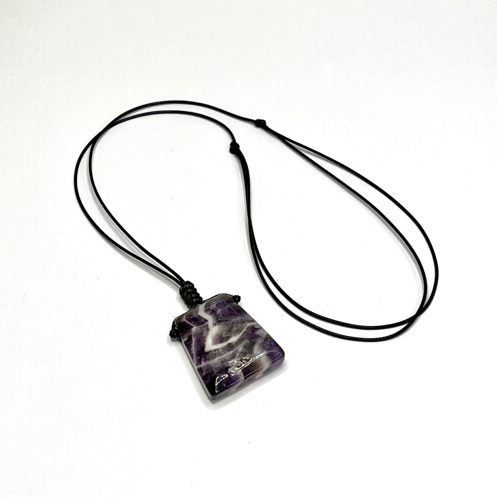 Chevron Amethyst Crystal Necklace: Banded Gemstone on Adjustable Black Cord