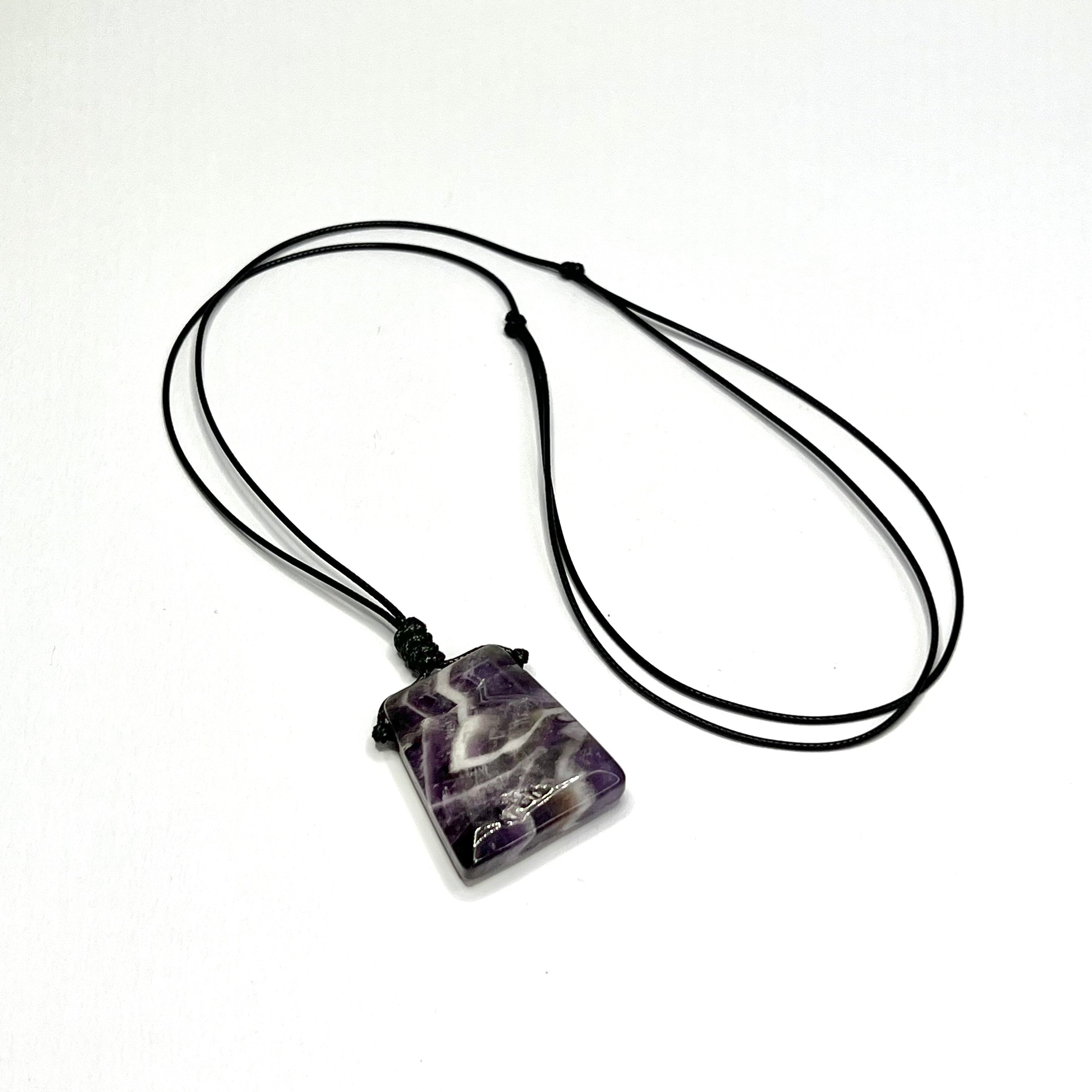 Chevron Amethyst Crystal Necklace: Banded Gemstone on Adjustable Black Cord