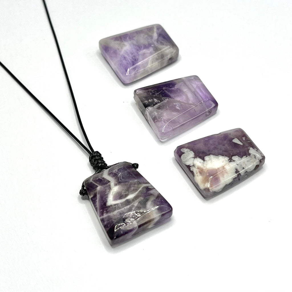 Chevron Amethyst Crystal Necklace: Banded Gemstone on Adjustable Black Cord