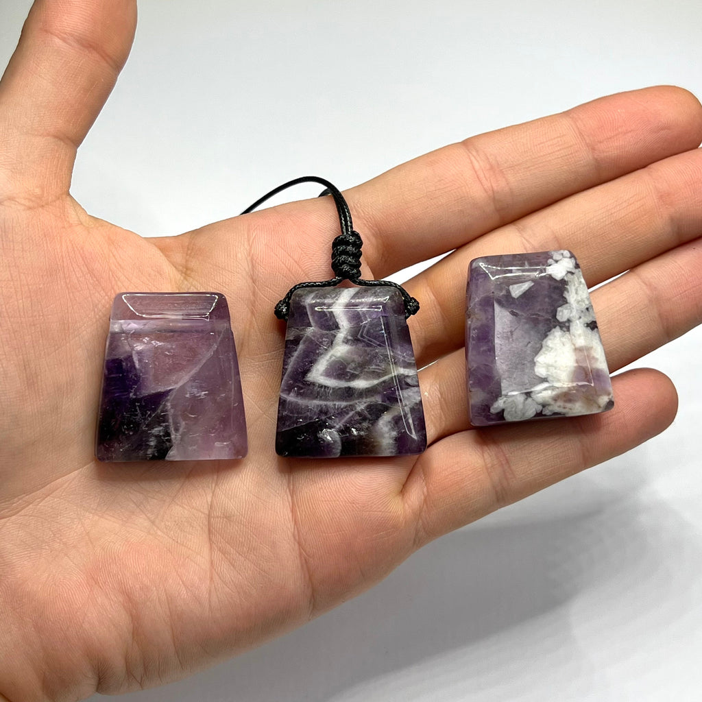 Chevron Amethyst Crystal Necklace: Banded Gemstone on Adjustable Black Cord