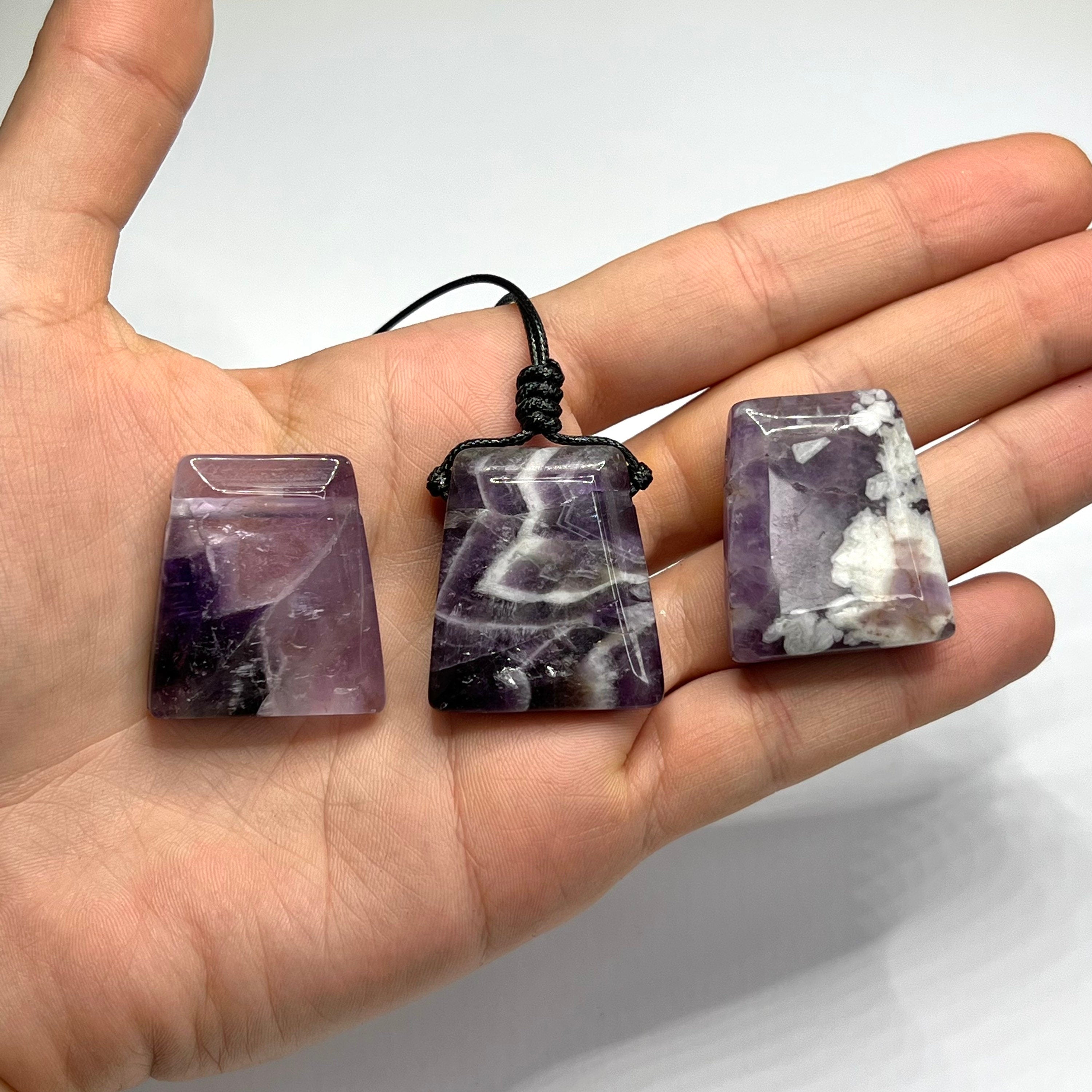Chevron Amethyst Crystal Necklace: Banded Gemstone on Adjustable Black Cord