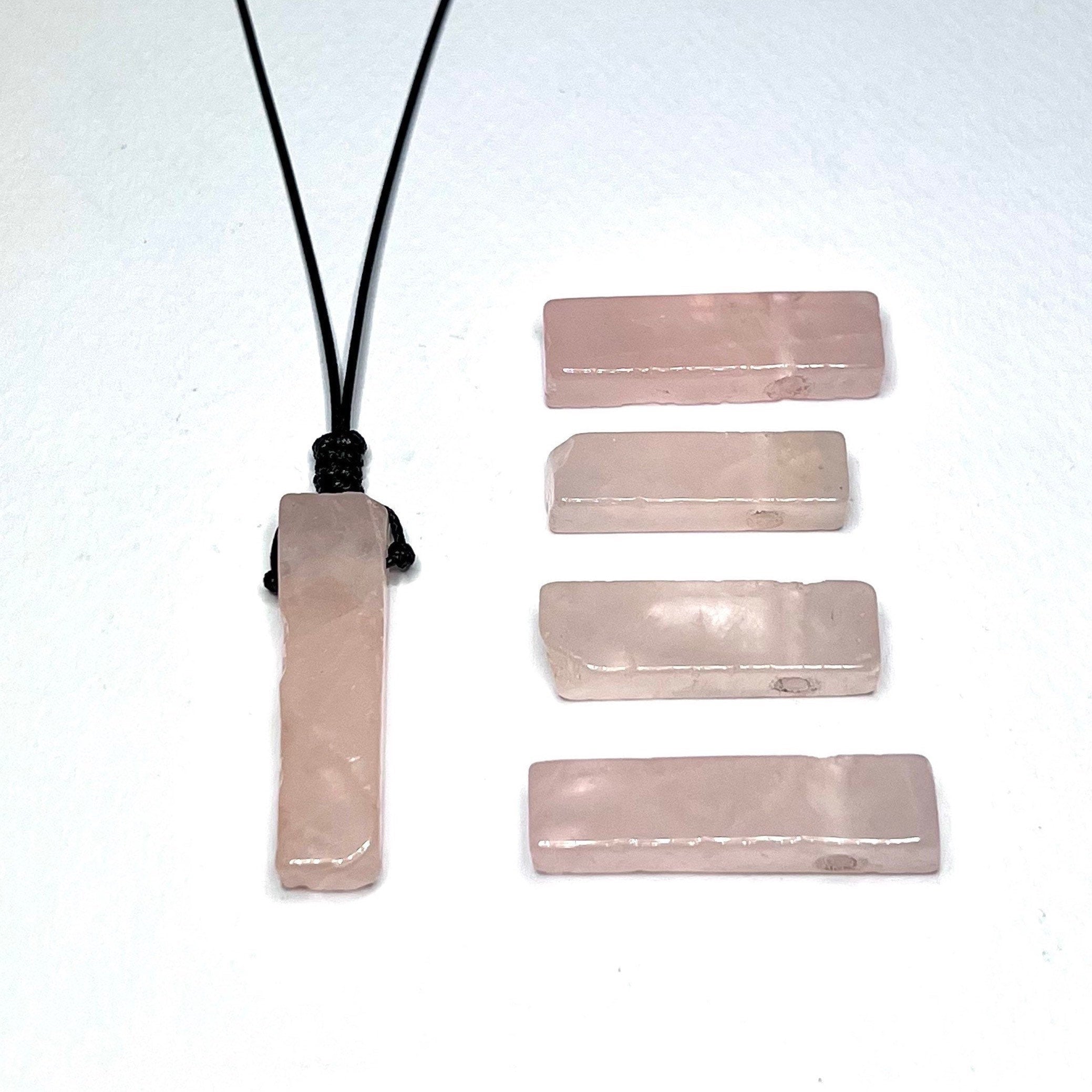 Rose Quartz Pendant Necklace: Rectangle Crystal on Adjustable Black Cord