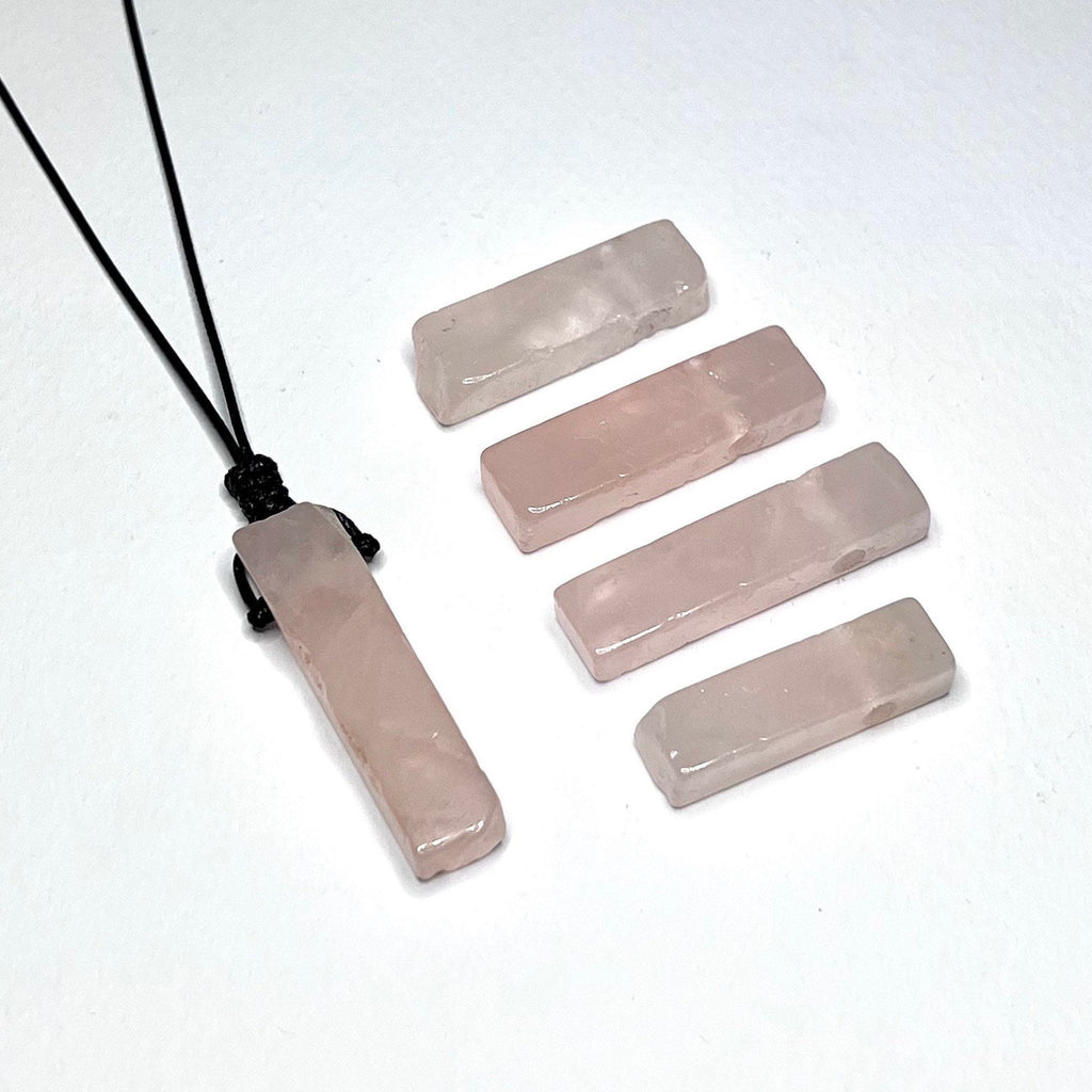 Rose Quartz Pendant Necklace: Rectangle Crystal on Adjustable Black Cord