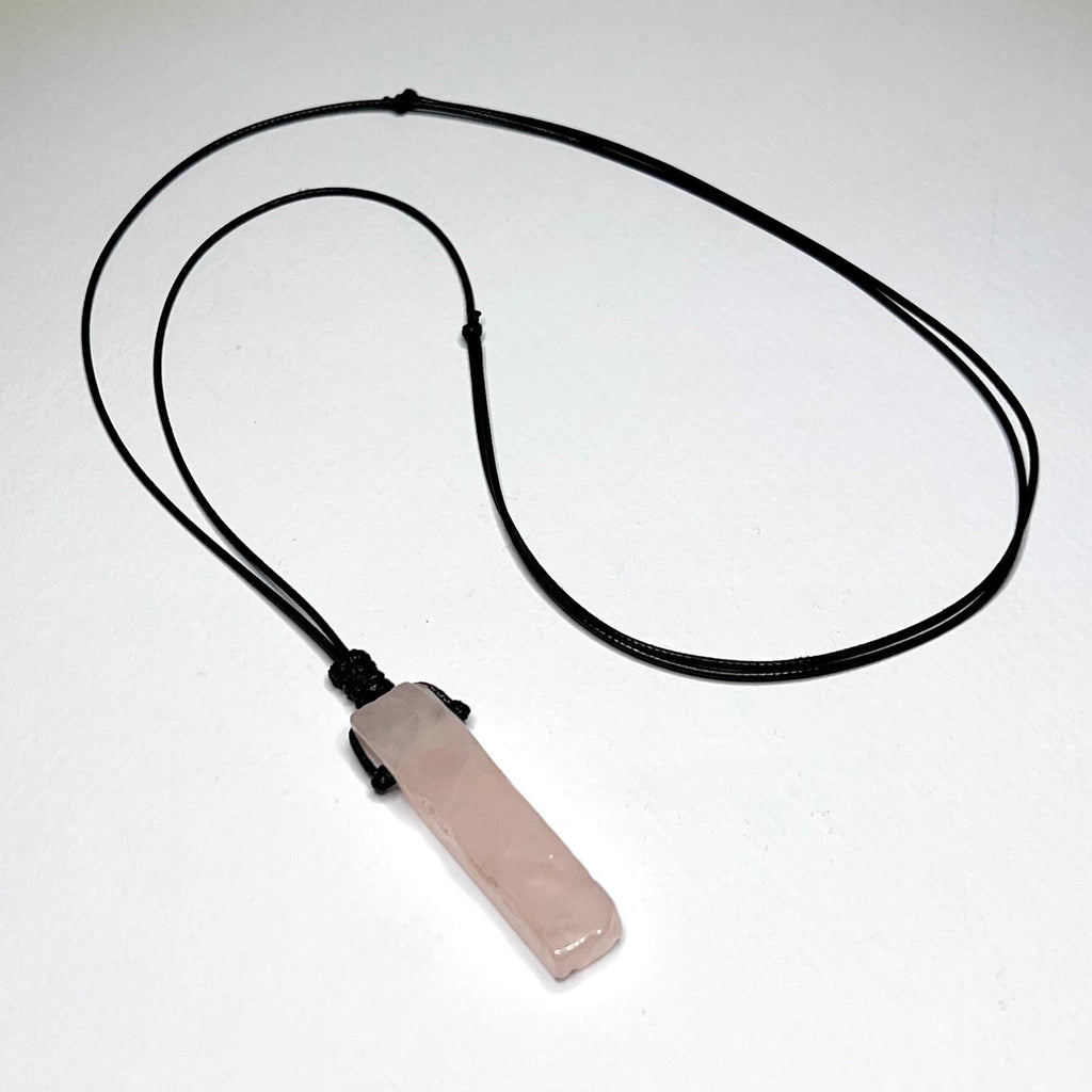 Rose Quartz Pendant Necklace: Rectangle Crystal on Adjustable Black Cord