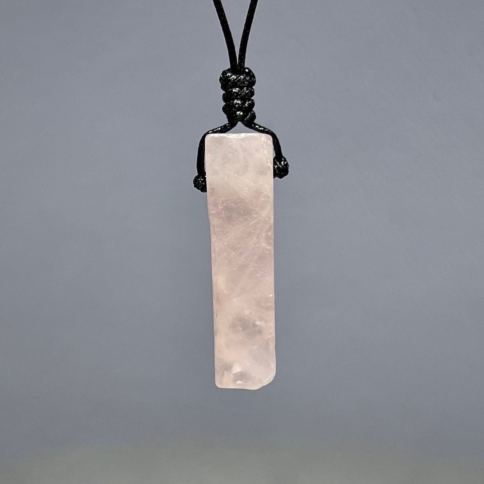 Rose Quartz Pendant Necklace: Rectangle Crystal on Adjustable Black Cord