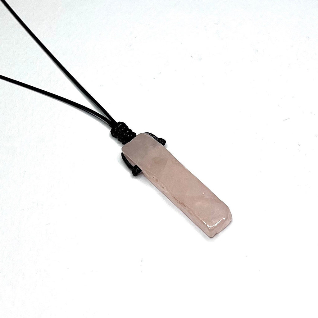 Rose Quartz Pendant Necklace: Rectangle Crystal on Adjustable Black Cord