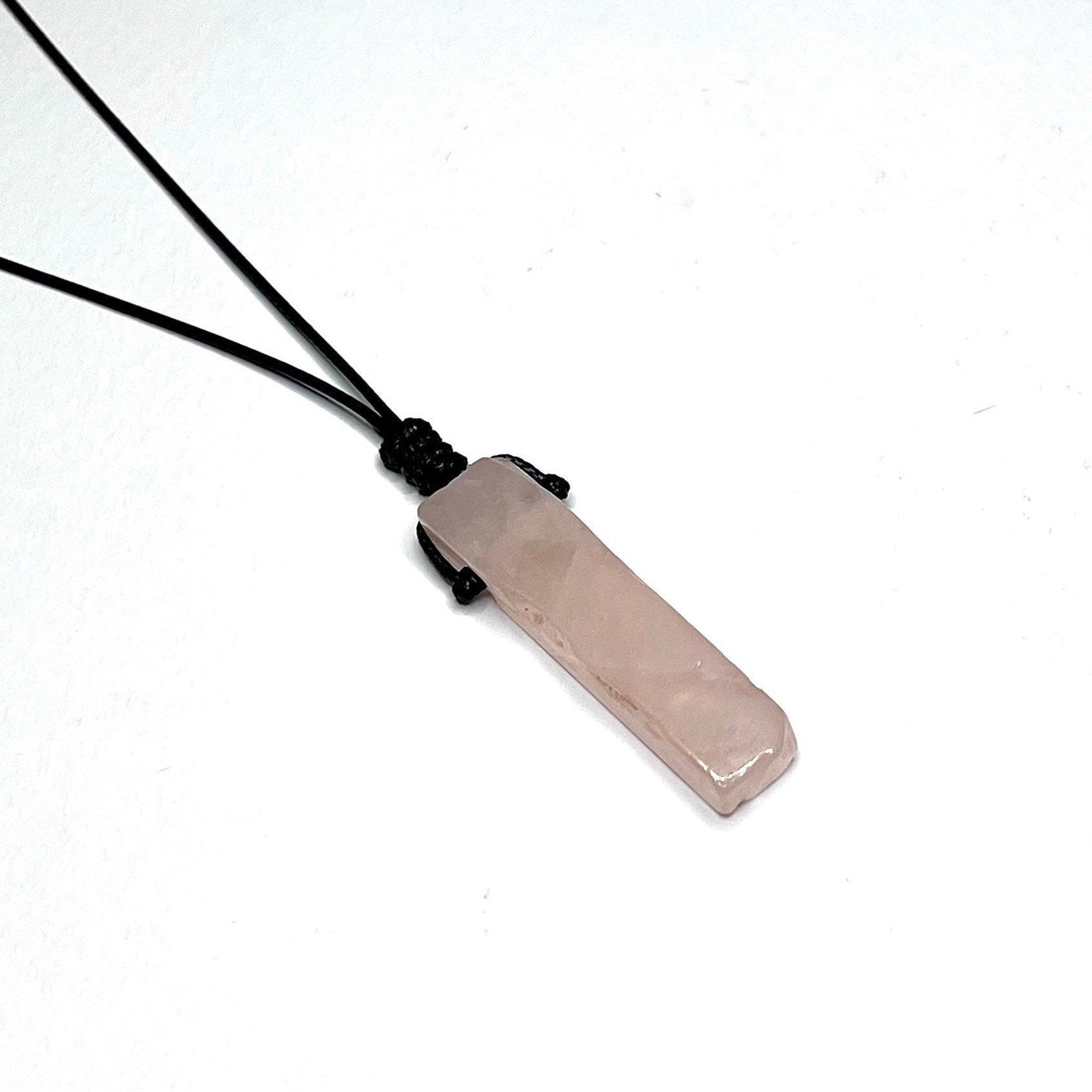 Rose Quartz Pendant Necklace: Rectangle Crystal on Adjustable Black Cord
