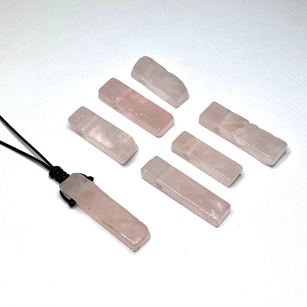 Rose Quartz Pendant Necklace: Rectangle Crystal on Adjustable Black Cord