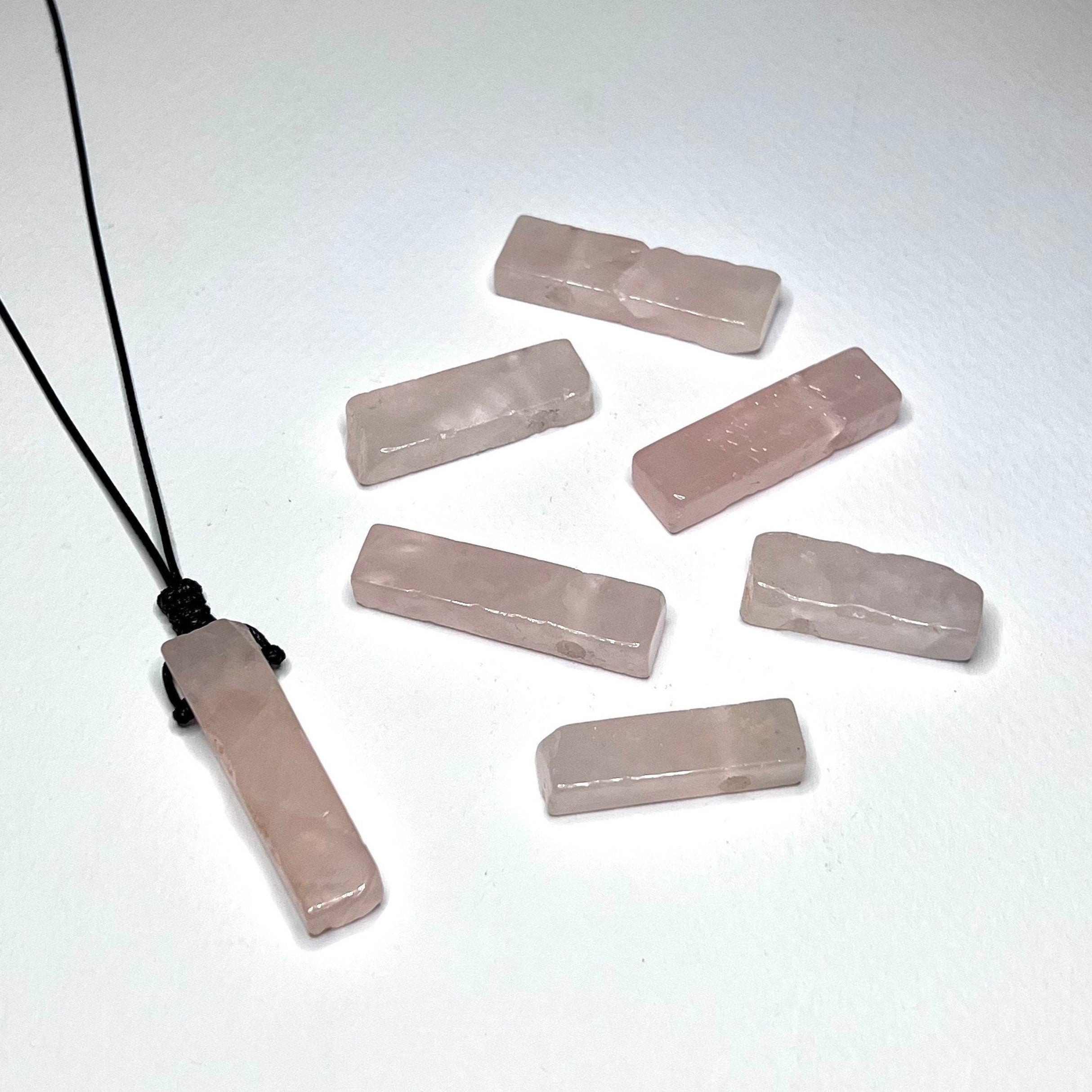 Rose Quartz Pendant Necklace: Rectangle Crystal on Adjustable Black Cord