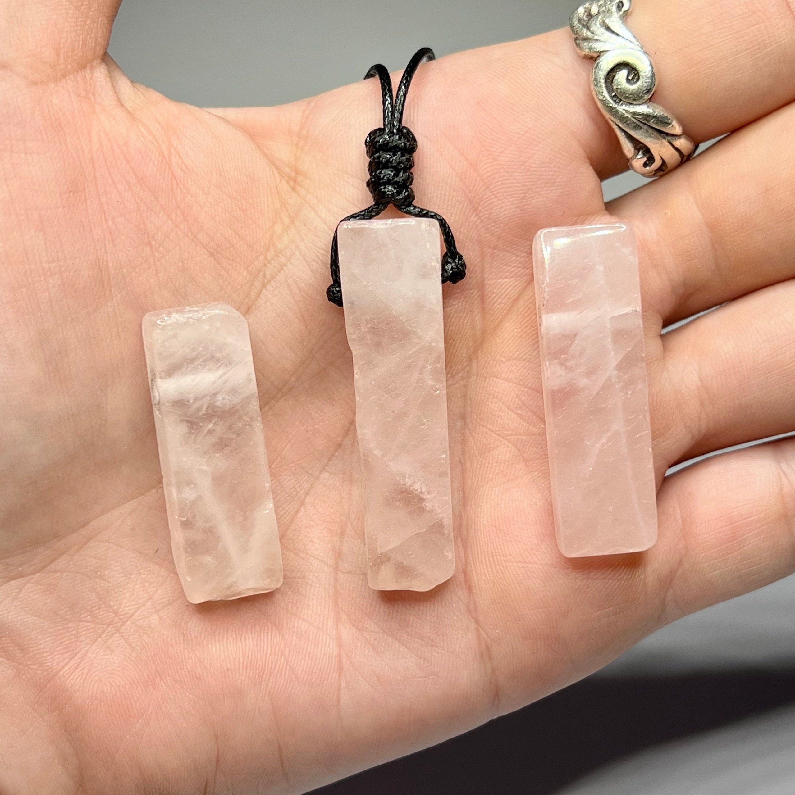 Rose Quartz Pendant Necklace: Rectangle Crystal on Adjustable Black Cord