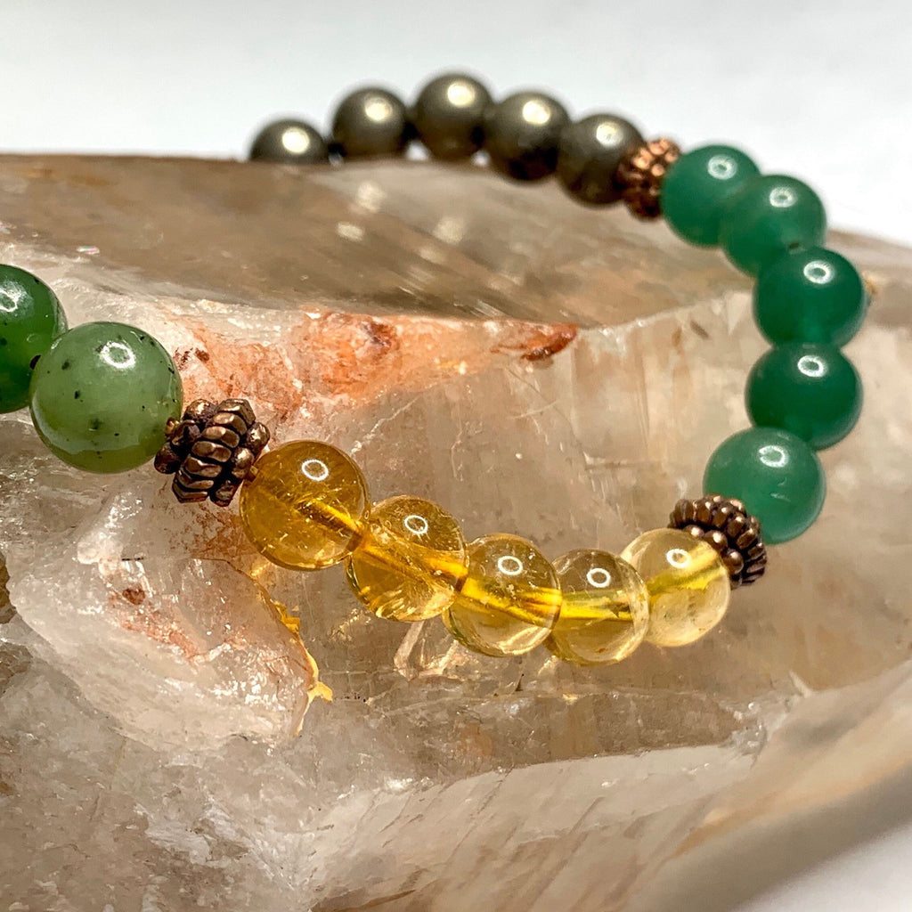 Abundance Bracelet - Citrine Pyrite Jade Green Aventurine 8mm Bead, Copper Spacers