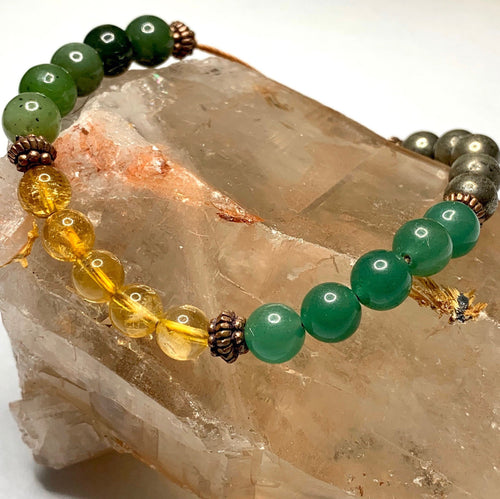 Abundance Bracelet - Citrine Pyrite Jade Green Aventurine 8mm Bead, Copper Spacers