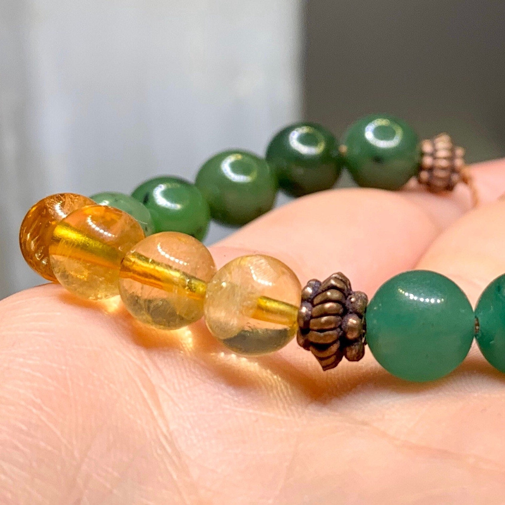 Abundance Bracelet - Citrine Pyrite Jade Green Aventurine 8mm Bead, Copper Spacers