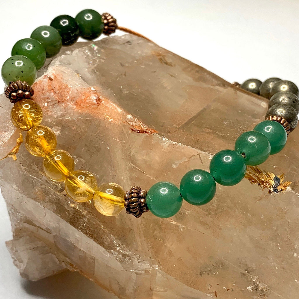 Abundance Bracelet - Citrine Pyrite Jade Green Aventurine 8mm Bead, Copper Spacers