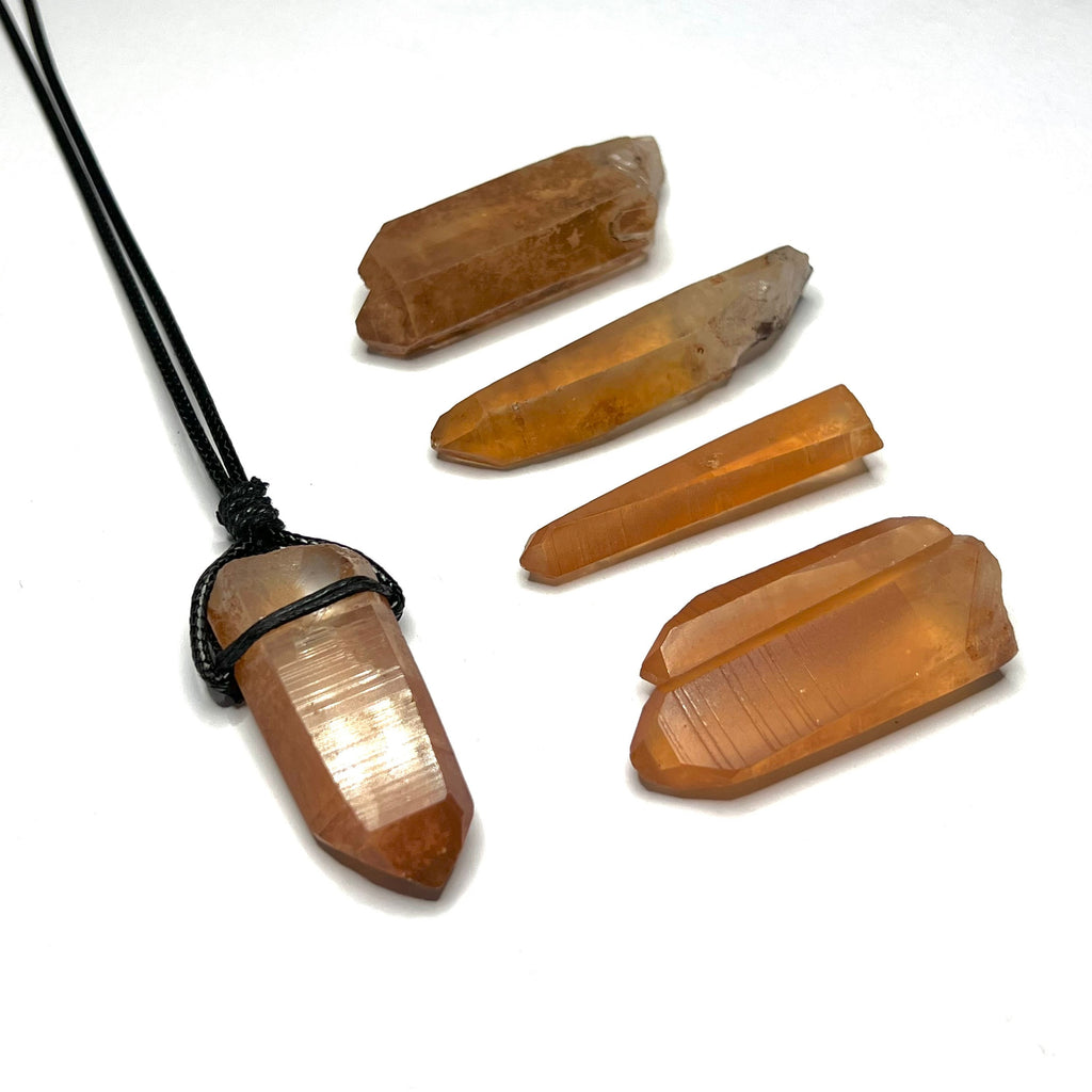 Tangerine Quartz Point Necklace: Orange Crystal Pendant, 30" Cord