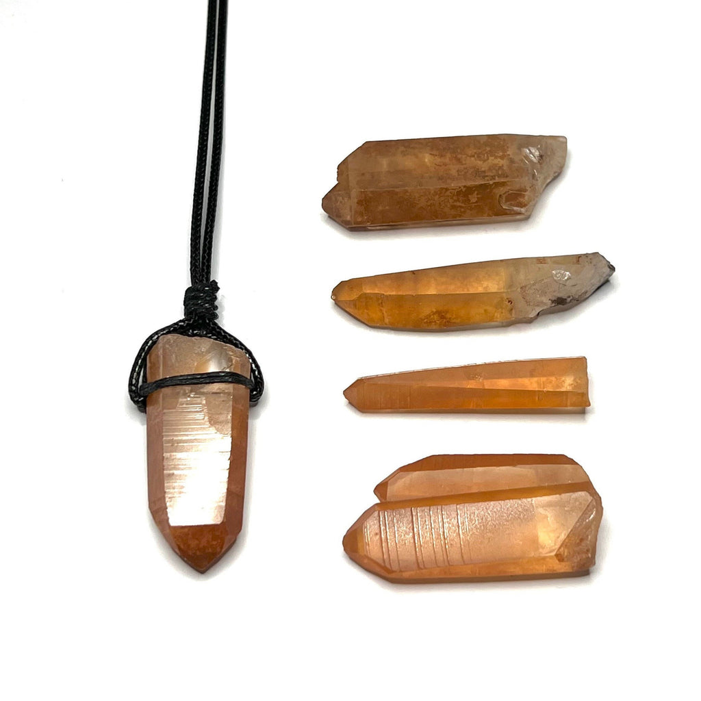 Tangerine Quartz Point Necklace: Orange Crystal Pendant, 30" Cord
