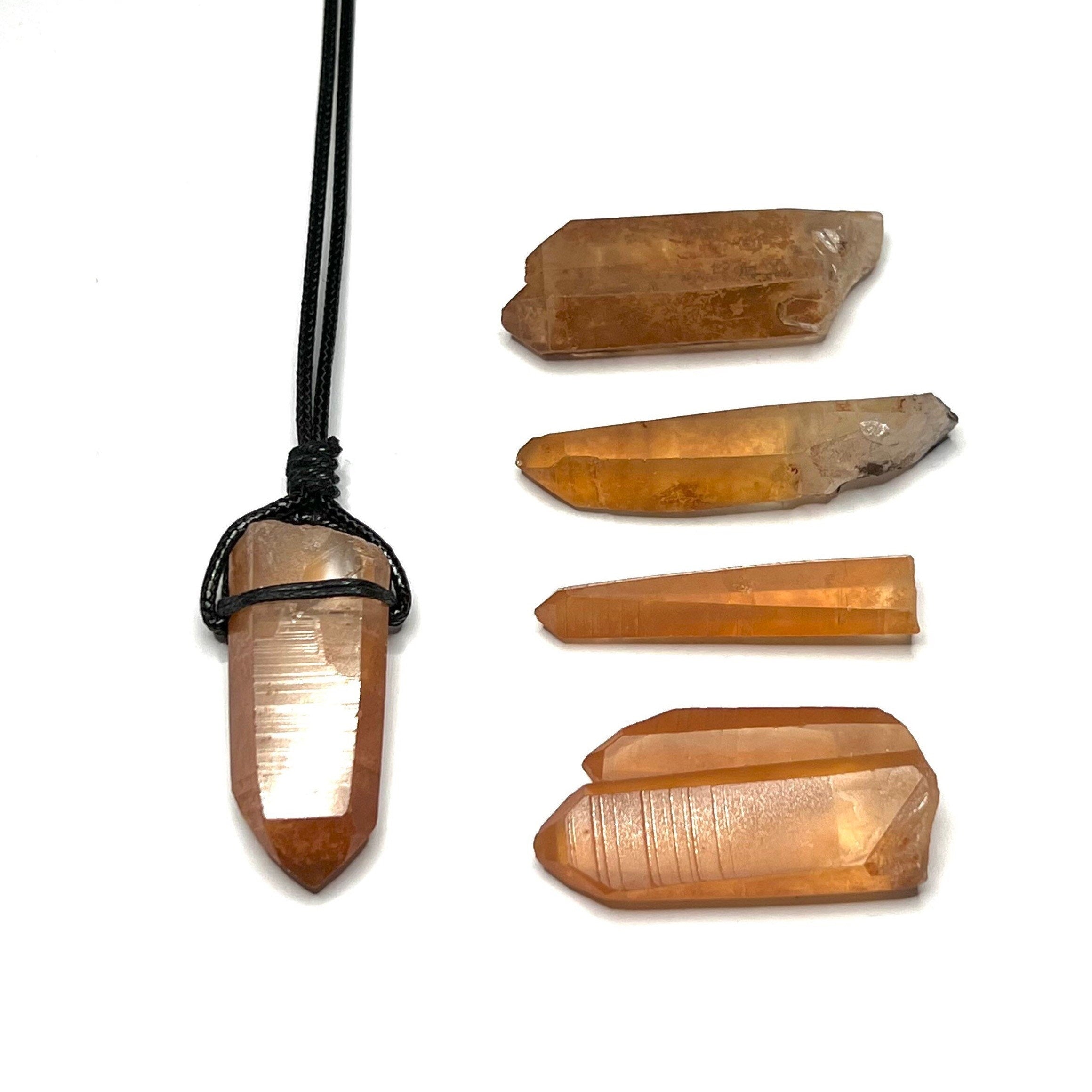 Tangerine Quartz Point Necklace: Orange Crystal Pendant, 30" Cord