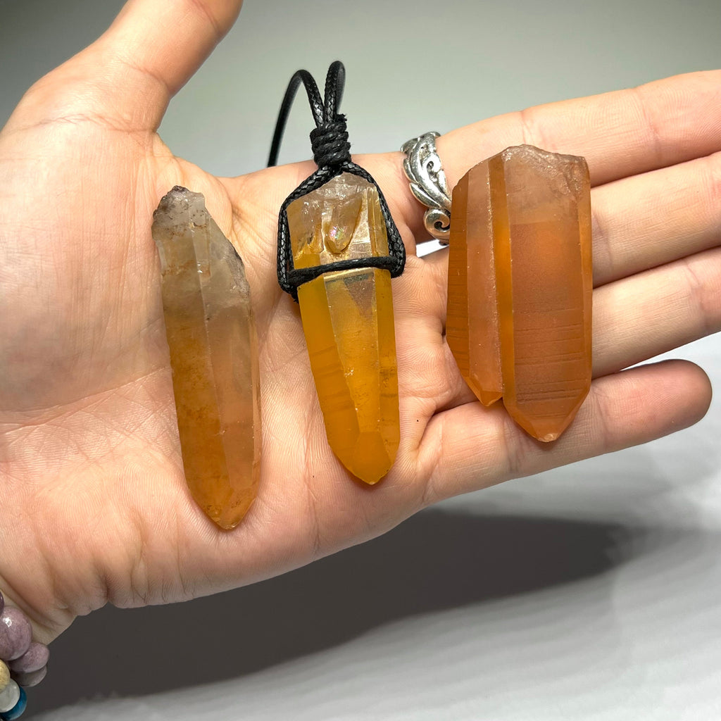 Tangerine Quartz Point Necklace: Orange Crystal Pendant, 30" Cord