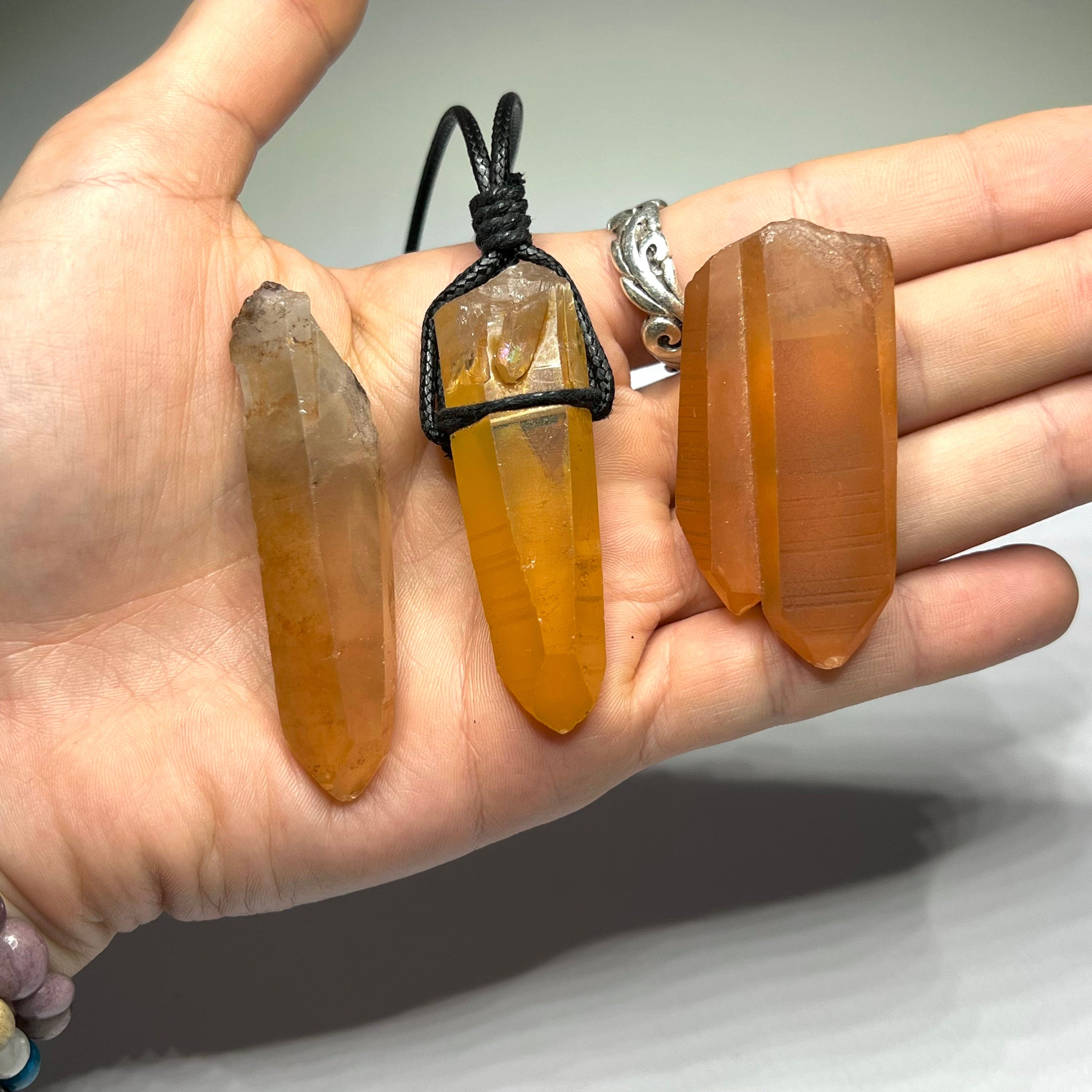 Tangerine Quartz Point Necklace: Orange Crystal Pendant, 30" Cord