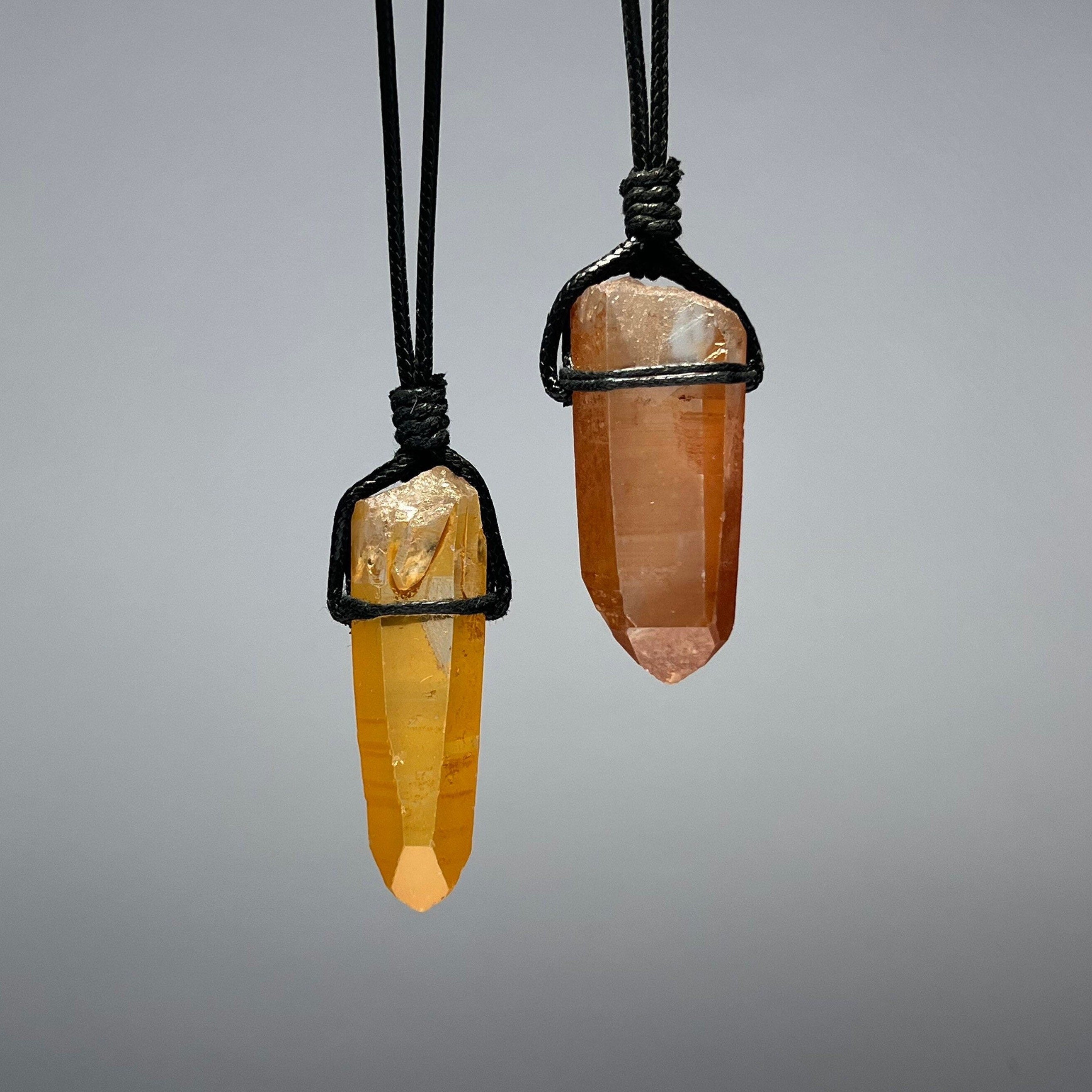 Tangerine Quartz Point Necklace: Orange Crystal Pendant, 30" Cord