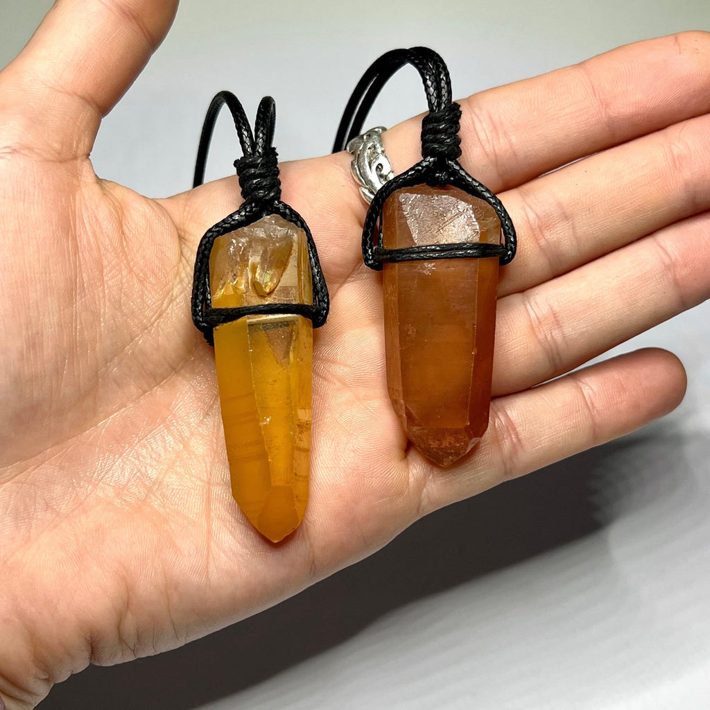 Tangerine Quartz Point Necklace: Orange Crystal Pendant, 30" Cord